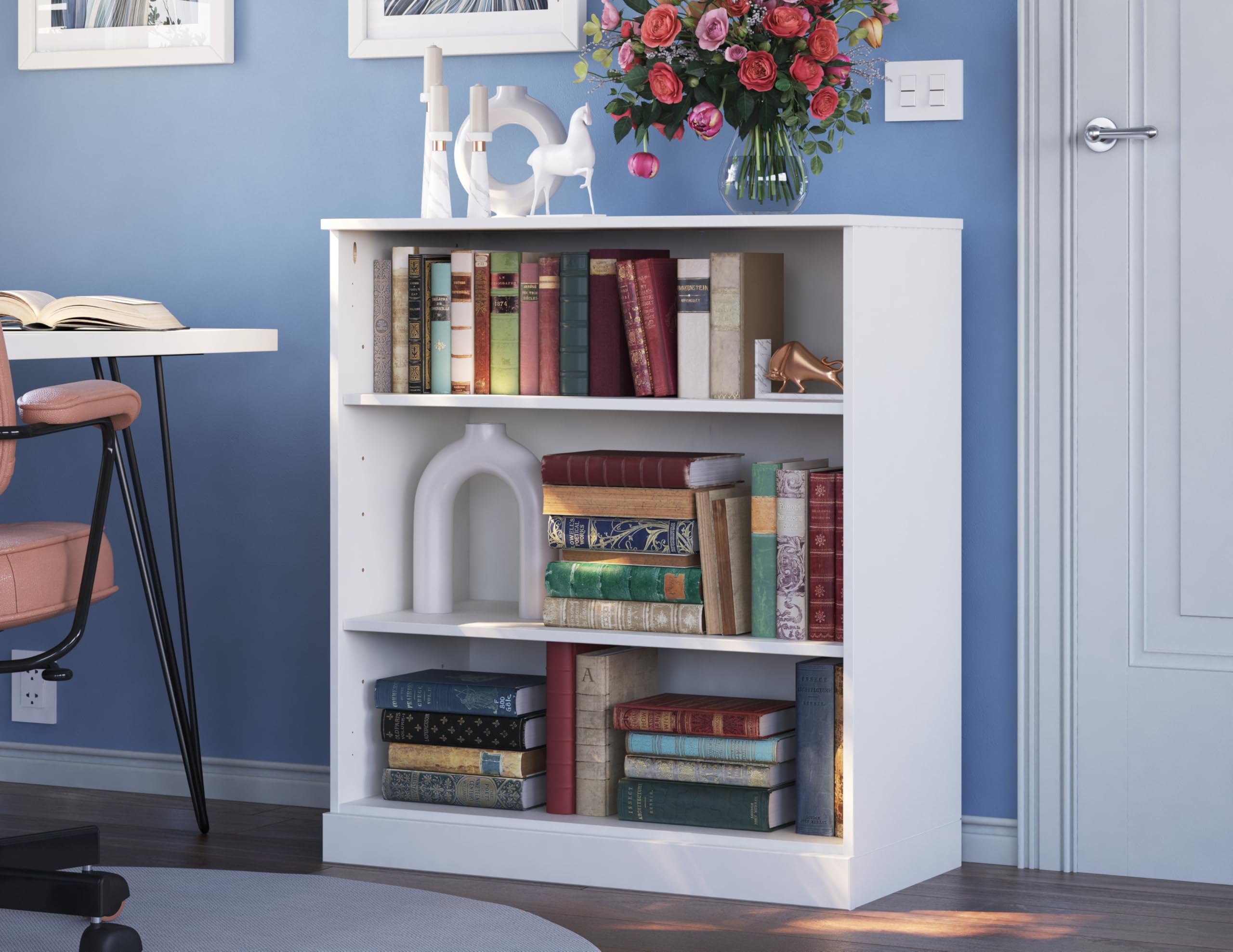 Solid Wood Bookcase - 3-Tier Floor Standing Bookshelf - 36" Short Storage Shelf, 32” Wide - White, Display Furniture for Living Room, Renewable 100% Eco-Friendly Wood, Made in Brazil