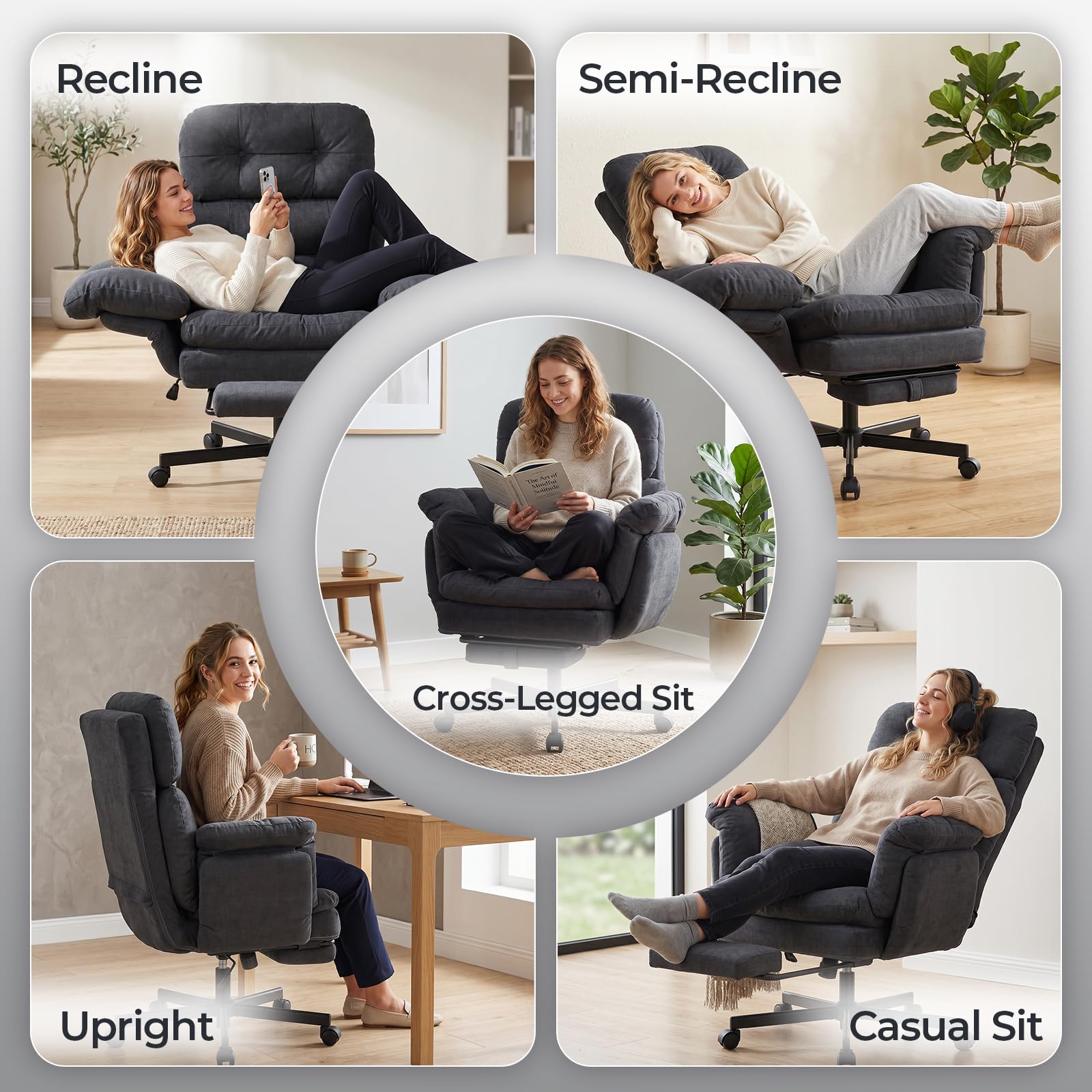 Criss Cross Office Chair with Foot Rest, Big and Tall Office Desk Chair with Flip Armrests for Pets & Cross Legged Sitting, Comfy Executive Ergonomic Reclining Computer Gaming Vanity Chair, Grey