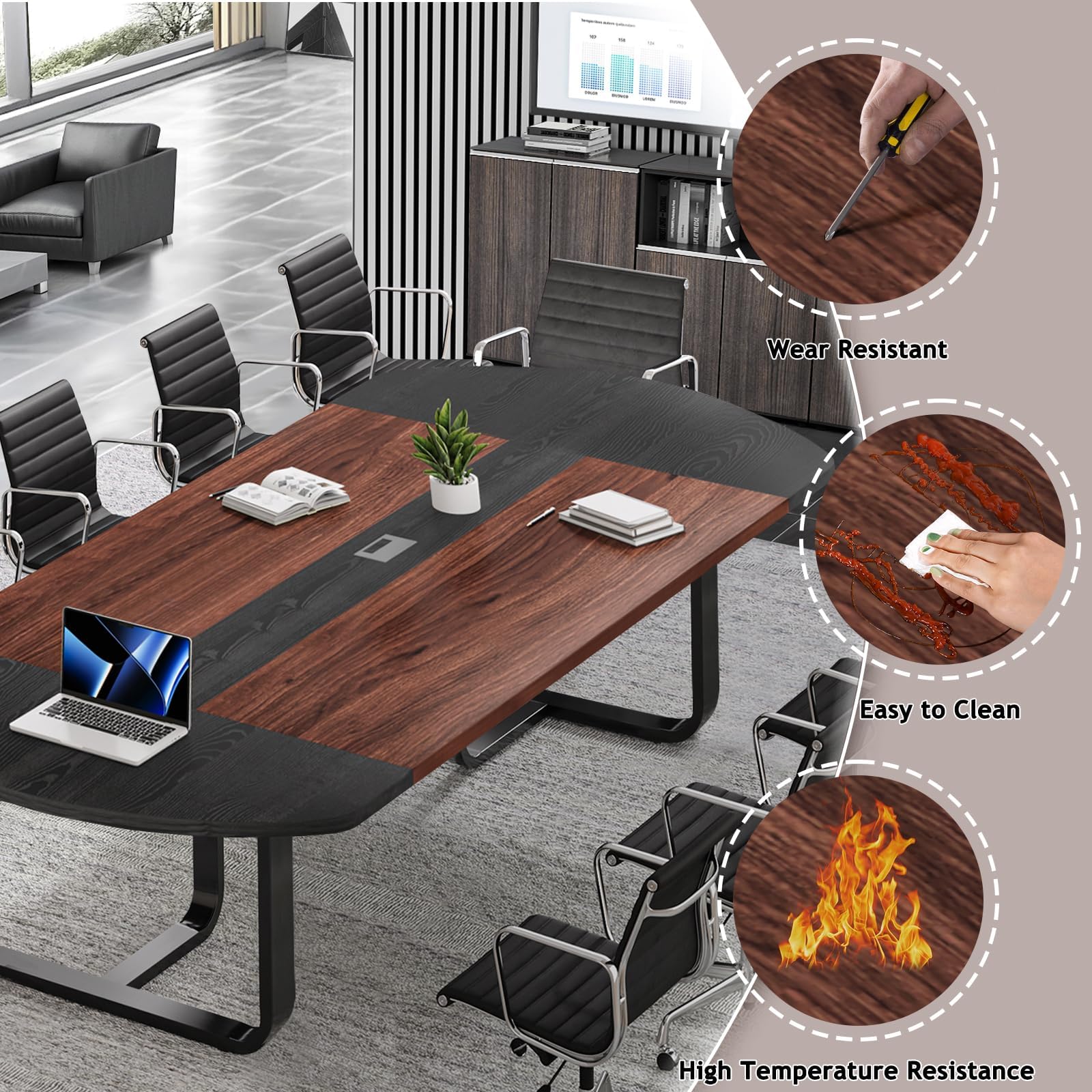 8FT Conference Table, Large Conference Room Table for 8-10 People, Oval Meeting Table with Grommet for Office Conference, Black and Walnut