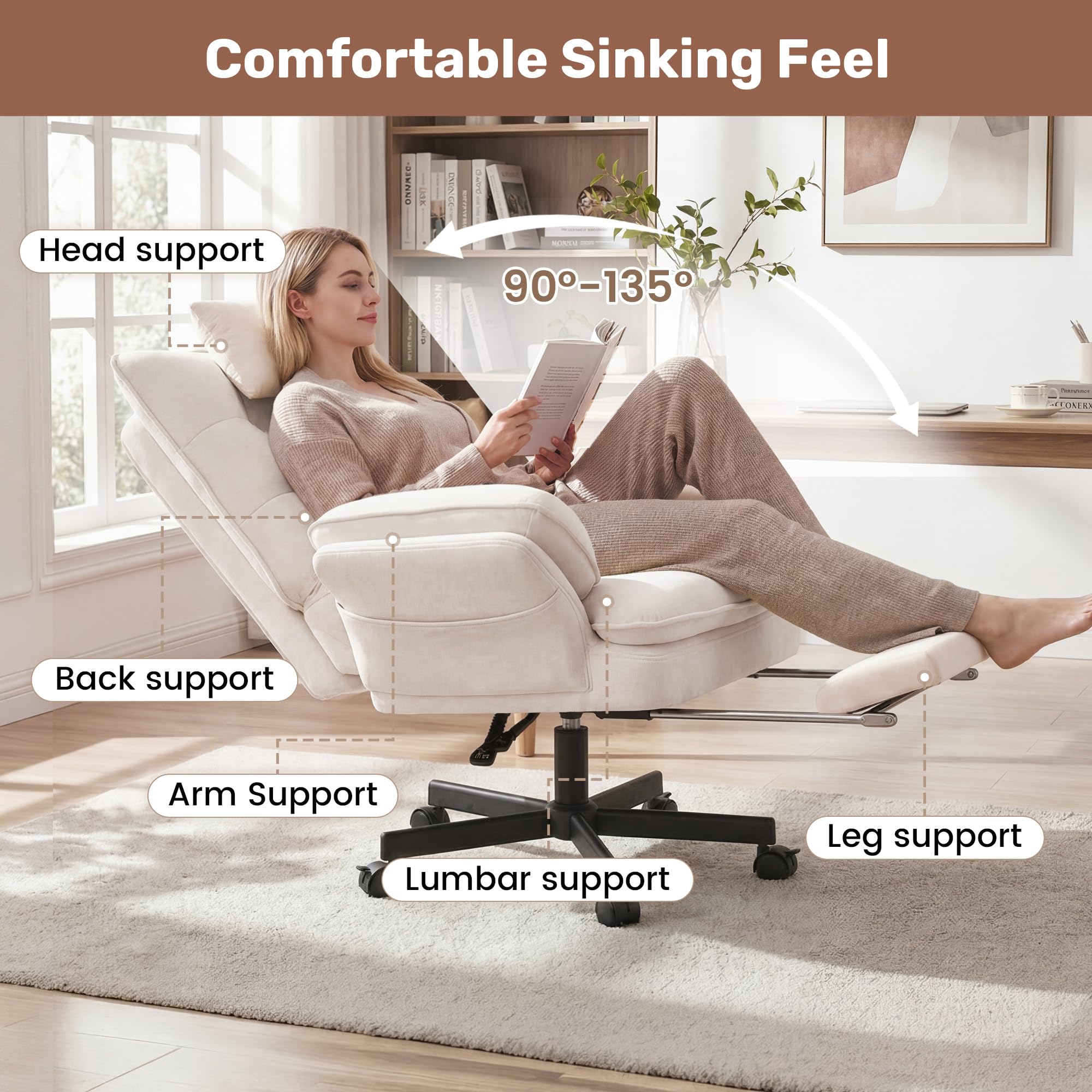 Criss Cross Office Chair with Foot Rest, Big and Tall Criss Cross Chair with Flip-Up Arms and Headrest, 135° Reclining Swivel Velvet Cross Legged Office Chair with Wheels, Cloud Chair for Home (Beige)