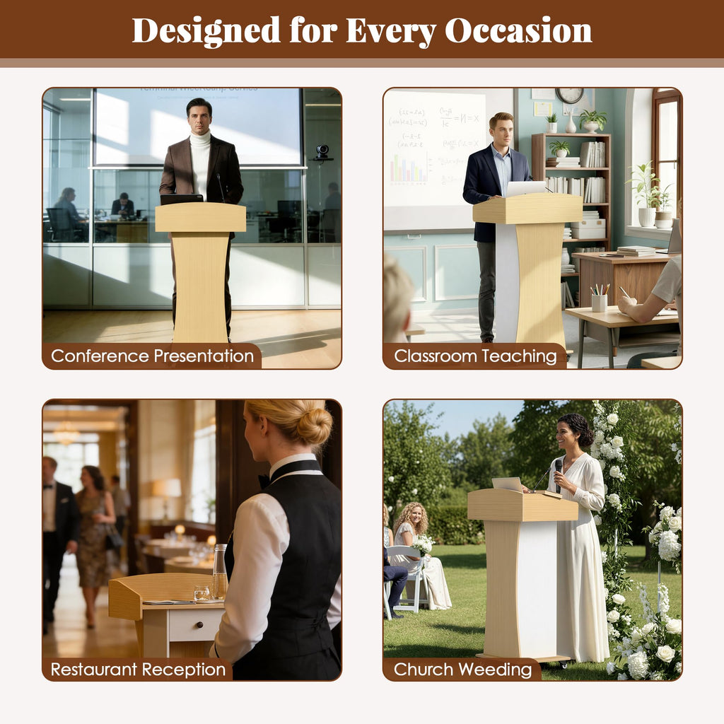 Podium Stand with Metal Wheels Wooden Teacher Lectern Portable Pulpit Standing with Drawer and Adjustable Shelf Mobile Rolling Reception Podiums for Church Office Classroom Lecture Meeting,White+Oak