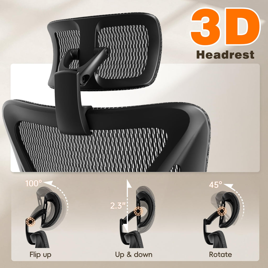 Ergonomic Office Chair with Footrest, 135° Reclining Desk Chair with Adjustable Lumbar Support,3D Armrest,Headrest & Large Steel Base, 300LBS Heavy Duty Mesh Chair