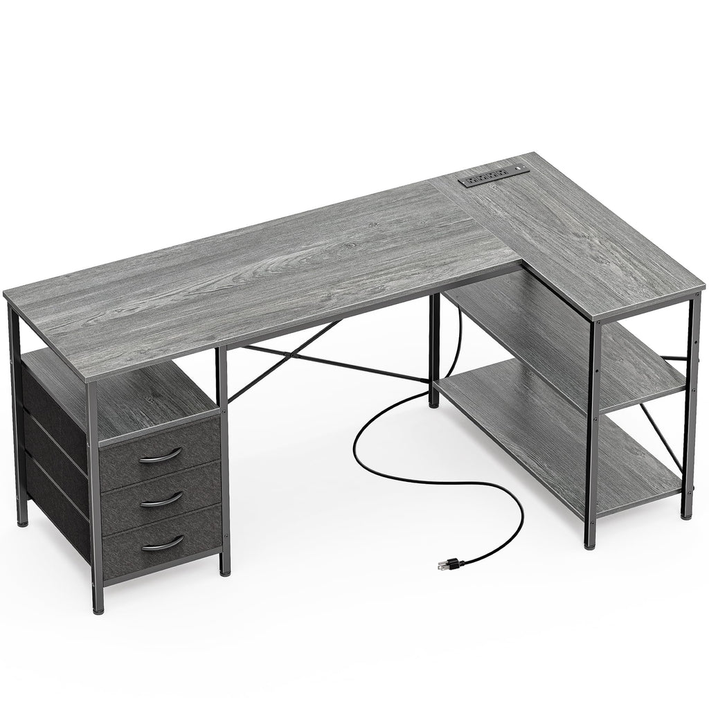 L Shaped Office Desk with Power Outlets, 55 Inch Computer Desk with 3 Drawers, Shelves, Reverisble for Gaming Corner Work Home Office Study, Grey