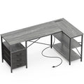 L Shaped Office Desk with Power Outlets, 55 Inch Computer Desk with 3 Drawers, Shelves, Reverisble for Gaming Corner Work Home Office Study, Grey