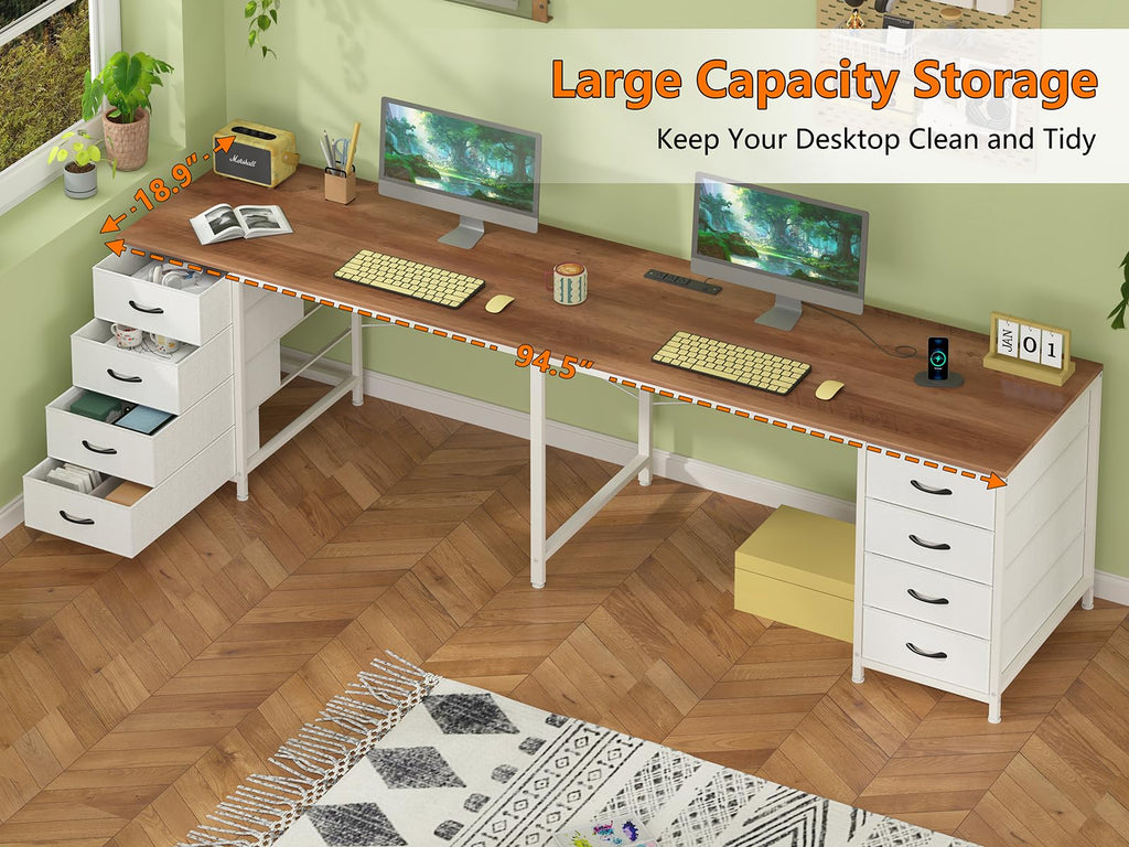 95'' Two Person Desk with 8 Drawers, Long Office Desk with Charging Station, 2 Person Desks Double Desk Writing Study Table for Home Office, Brown and White