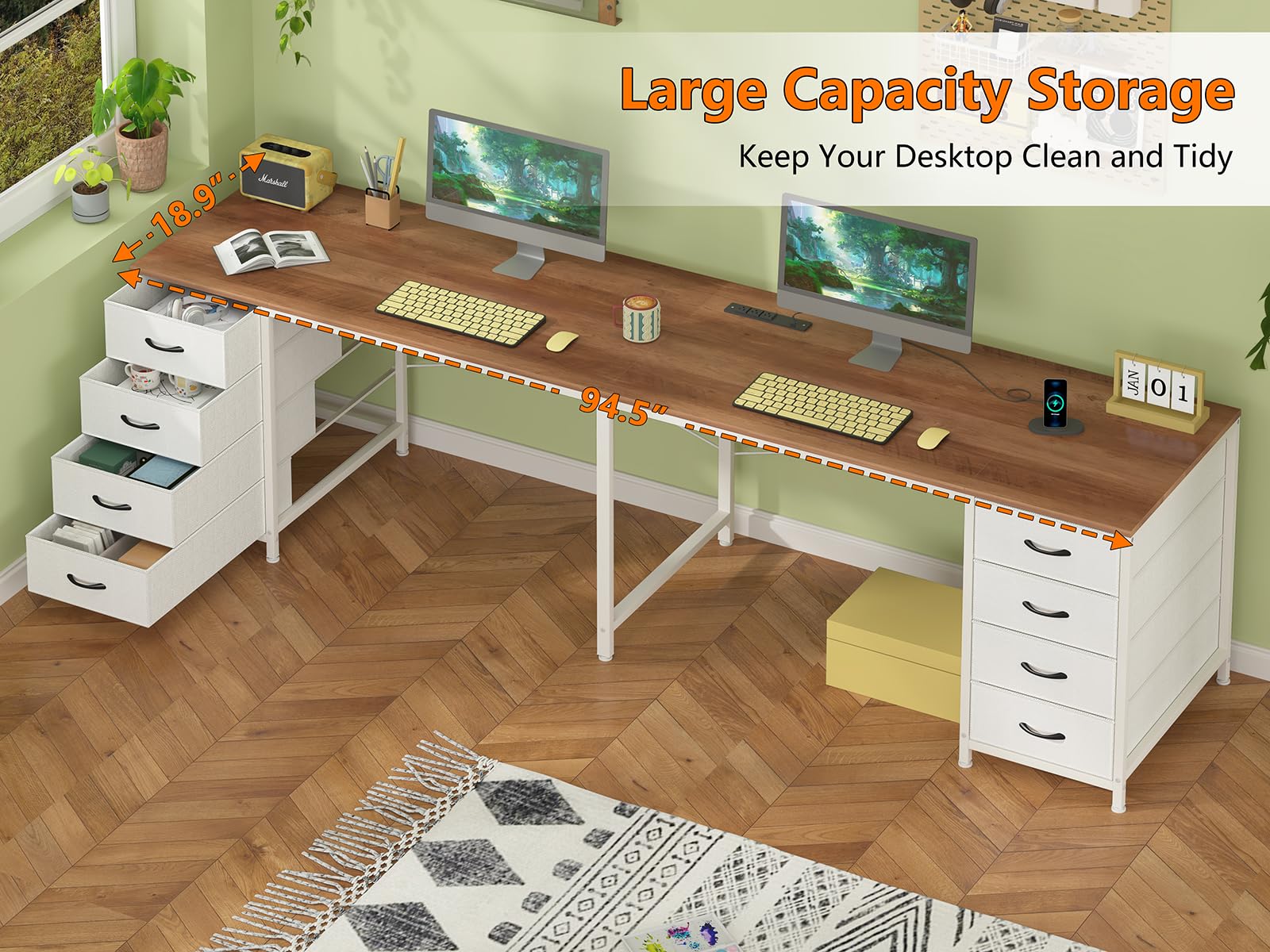 95'' Two Person Desk with 8 Drawers, Long Office Desk with Charging Station, 2 Person Desks Double Desk Writing Study Table for Home Office, Brown and White
