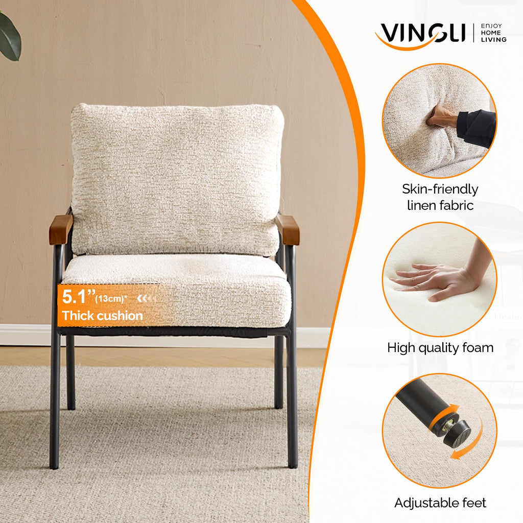 Mid-Century Modern Accent Armchairs Set of 2 for Office, Small Comfy Upholstered Leisure Reading Chairs with Wood Armrests for Office, Bedroom, Living Room, Waiting Room, Linen Beige