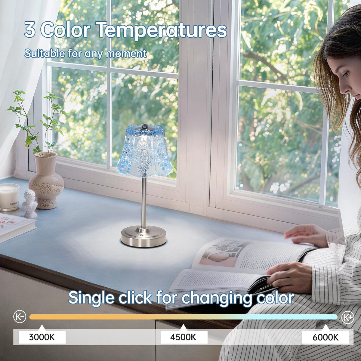 Cordless Touch Table Lamp with 5200mAh Battery - 3 Adjustable Color Temperatures & Dimmable, Rechargeable Lamp for Bedroom, Living Room, Office, Entryway, Bookshelves (Clear Light Blue Rose)