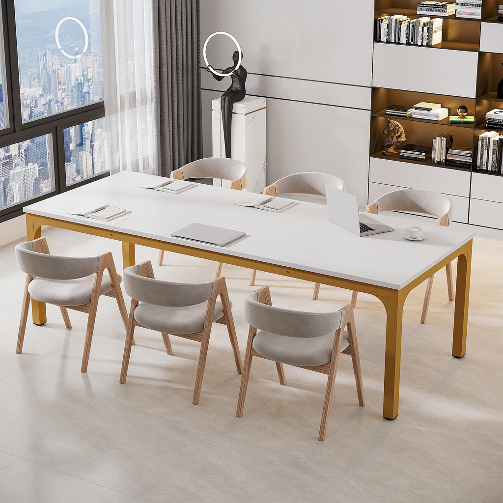 6.5 FT Conference Room Table, 78.74" W x 27.56" D Large Office Conference Table, Modern Seminar Meeting Table Desk for Boardroom, Meeting Room (1, White and Gold)
