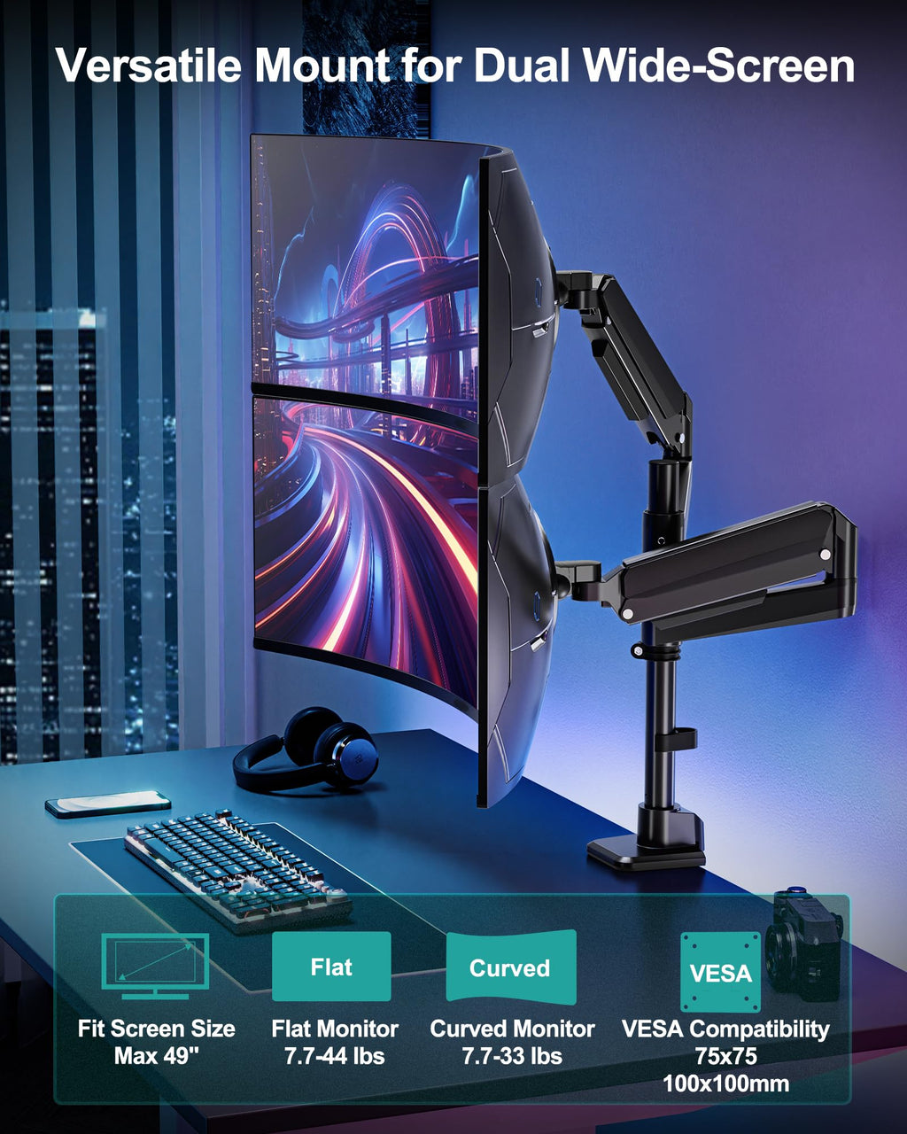 Dual Monitor Arm for Max 49" Ultrawide Screens up to 44 lbs, Heavy Duty Extra Tall Monitor Desk Mount, Vertical Stacked Adjustable Dual Monitor Mount, VESA Mount 75x75mm/100x100mm