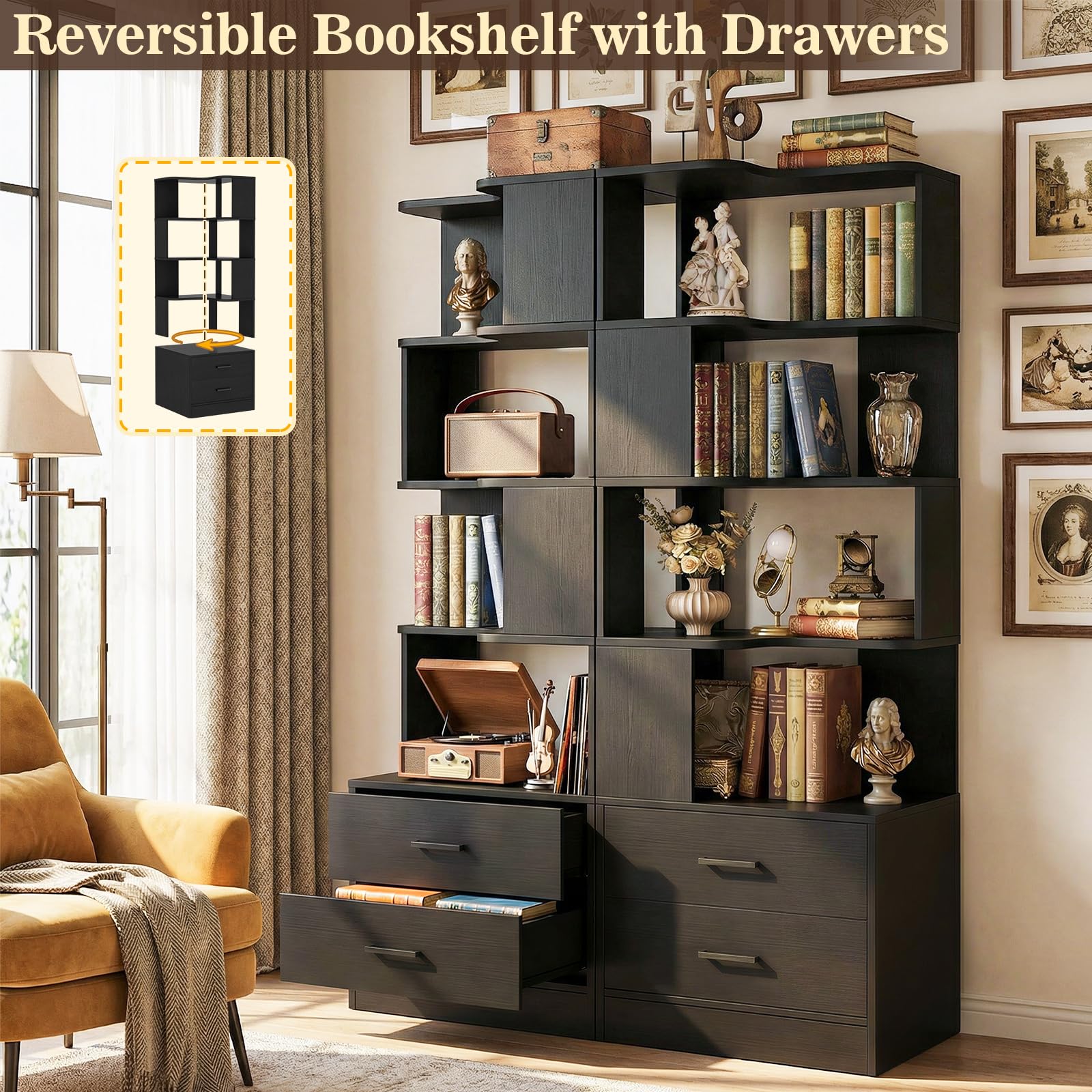 Corner Book Shelf with Drawers, Small Corner Shelf with Drawers