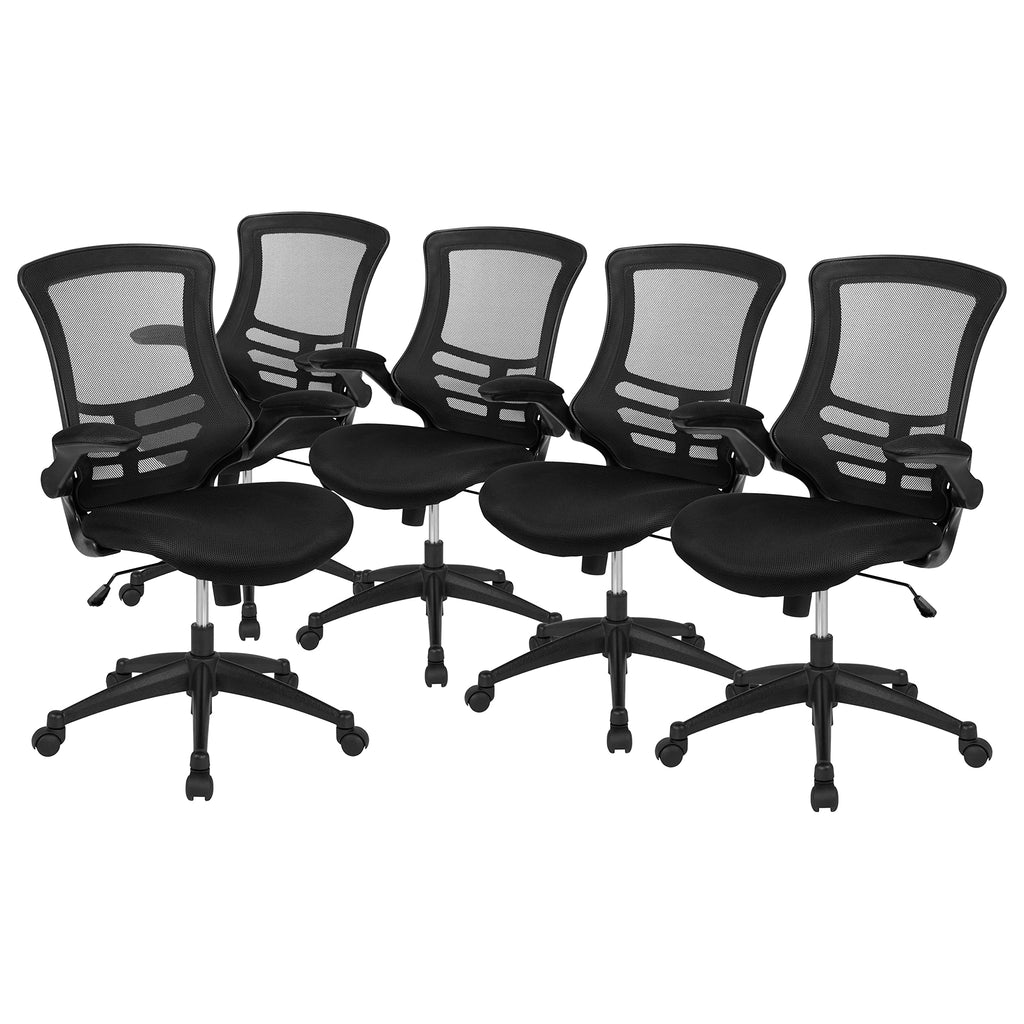Set of 5, Mid-Back Black Mesh Swivel Ergonomic Task Office Chair with Flip-Up Arms