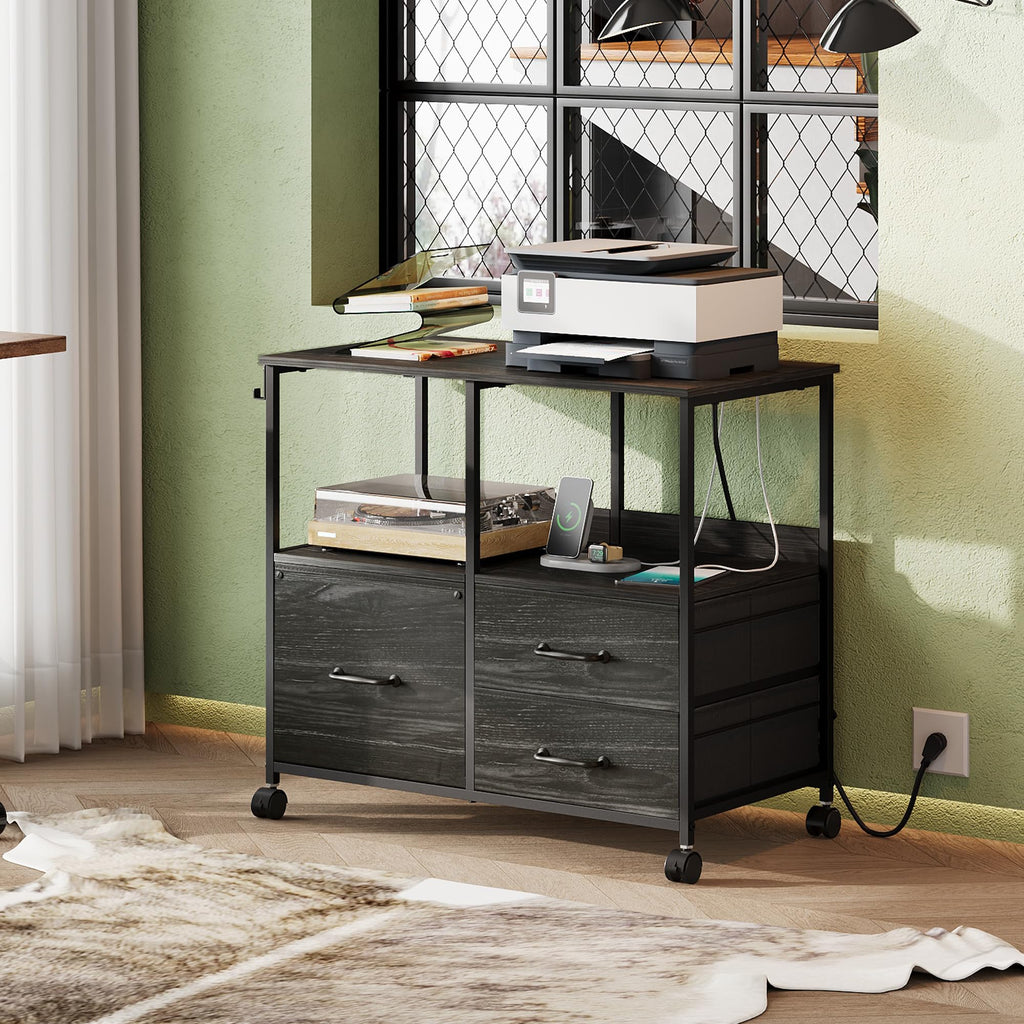 3 Drawer Mobile File Cabinet with Storage Shelf, Charging Station