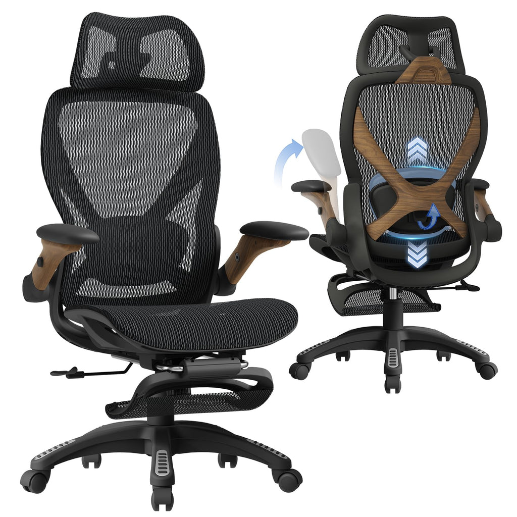 X100 Ergonomic Office Chair with Footrest, Big and Tall Home Desk Chair with 5D Flip-Up Arms, Adjustable 3D Lumbar Support,High Back Rolling Computer Chair, Swivel Mesh Chairs (Library Oak)
