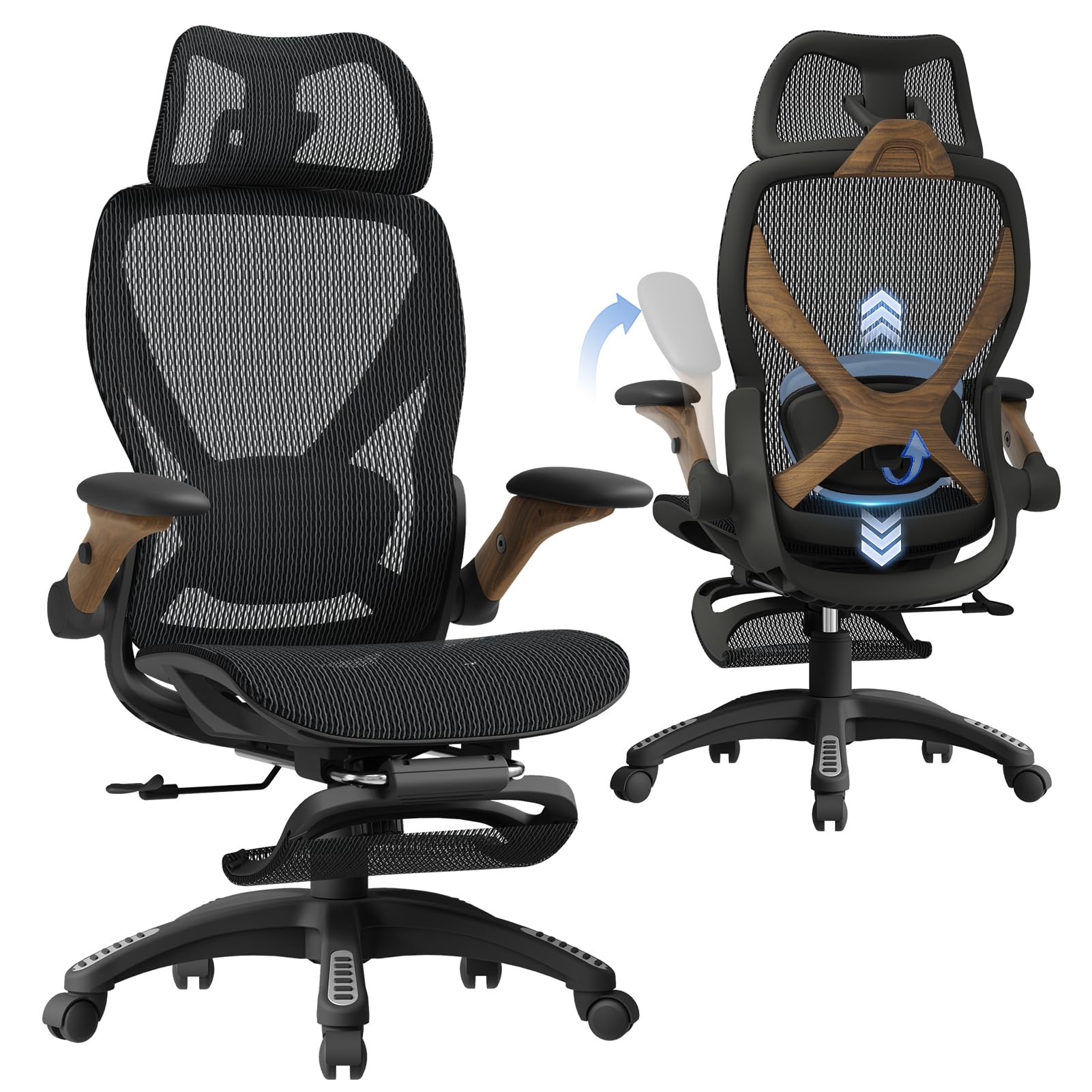 X100 Ergonomic Office Chair with Footrest, Big and Tall Home Desk Chair with 5D Flip-Up Arms, Adjustable 3D Lumbar Support,High Back Rolling Computer Chair, Swivel Mesh Chairs (Library Oak)