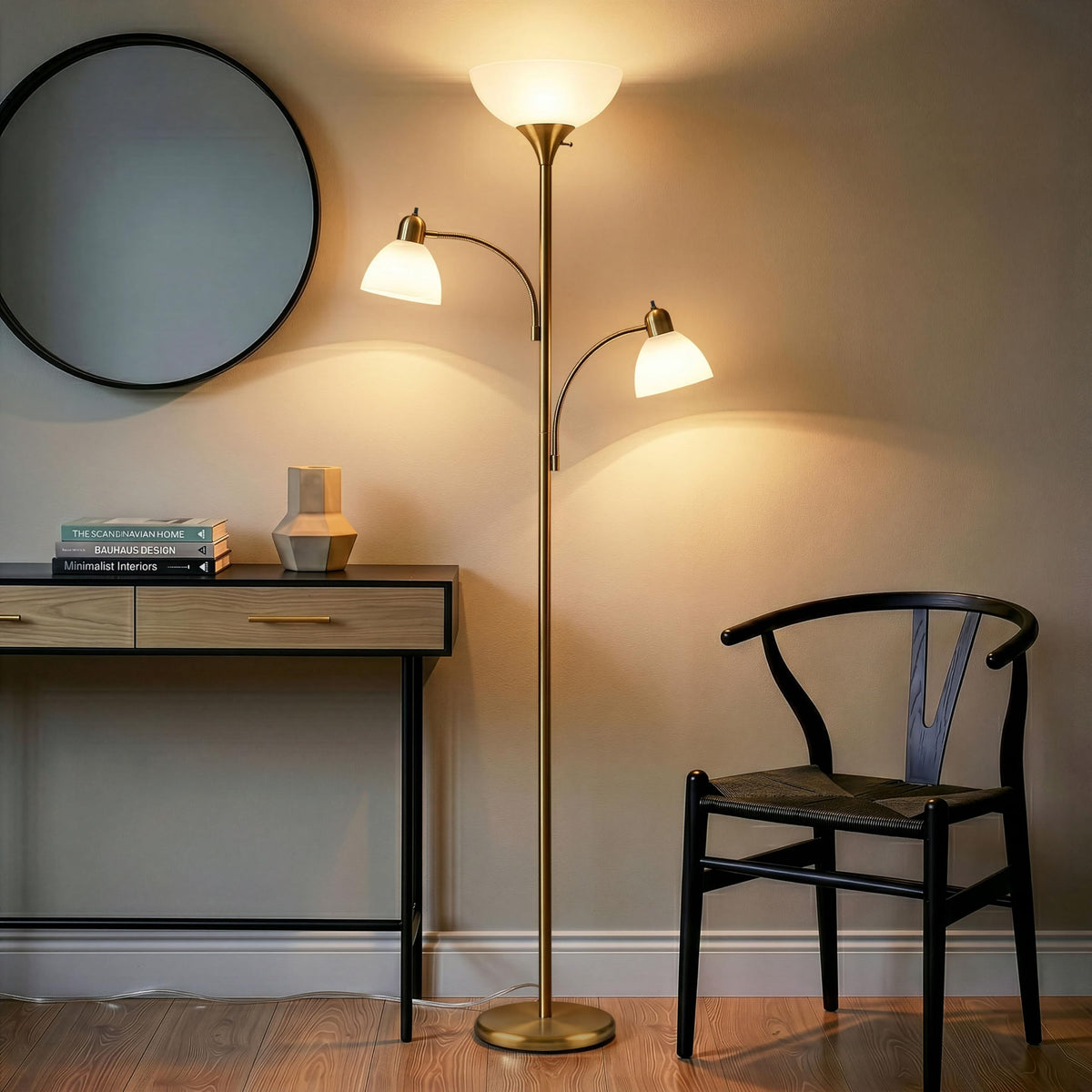 Sky Dome Double LED Floor lamp, Torchiere Super Bright Floor Lamp with 2 Reading Lamps for Living Rooms & Offices - Dimmable Tall Standing Lamp for Bedroom Reading - Tall Brass Pole