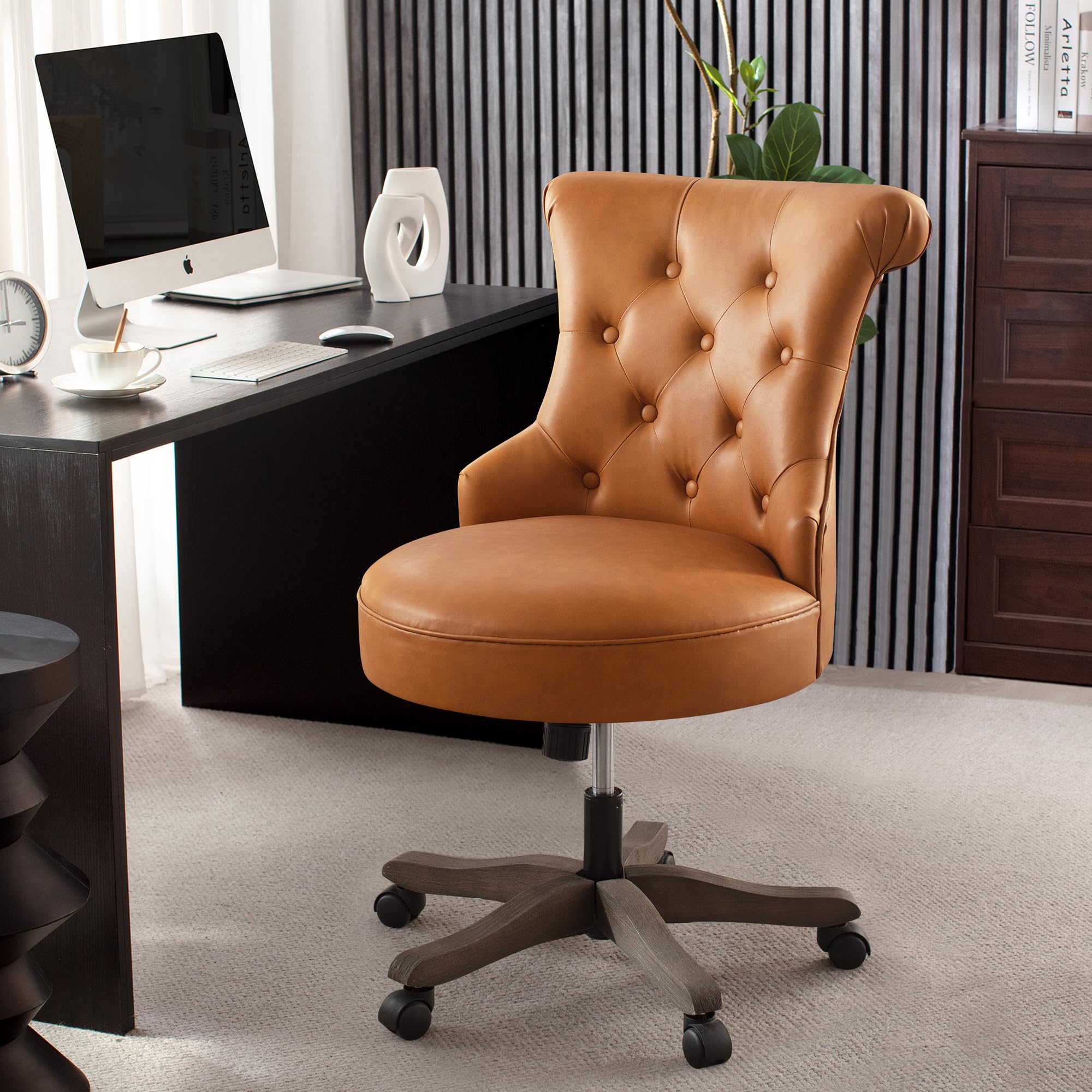 Home Office Chair Upholstered Faux Leather PU Armless Desk Chair with Wheels Adjustable Height Computer Desk Chair with Wooden Legs Comfy Swivel Chair for Study Studio (Caramel Brown)