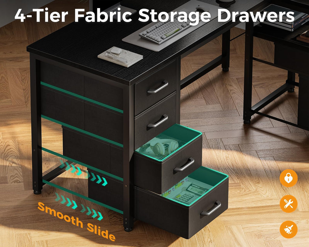 L Shaped Computer Desk with 6 Drawers & Power Outlet, 55 Inch Corner Desk with Reversible Storage Shelf & File Drawer, Home Office Desk, Black