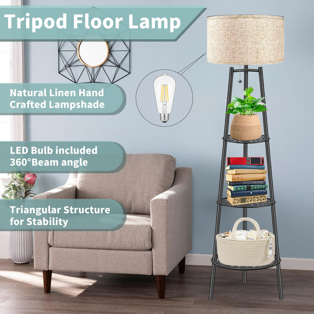 Floor Lamp with Shelves for Living Room， Standing Lamp，Tall Lamp， Amparas Elegantes para Sala with Linen Shade，Modern Floor Lamp for Living Room，Bedroom or Office（Black ）