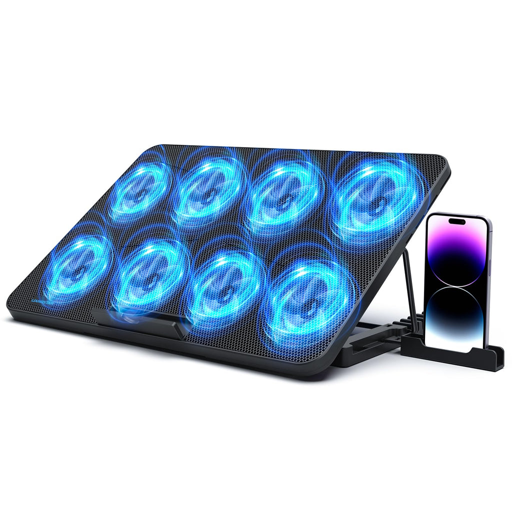 Laptop Cooling Pad, Laptop Cooler with 8 Quiet Fans for 12-17 Inch Gaming Laptop Fan Cooling Pad Stable Stand 7 Height & Wind Speed Adjustable, 2 USB Port & Phone Holder