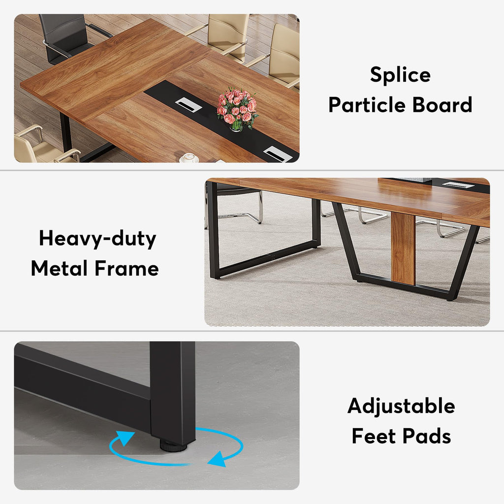 8FT Conference Table Set of 2, Large Meeting Podcast Table for 10 People, Business Style Wooden Training Table with Strong Metal Frame for Office Conference