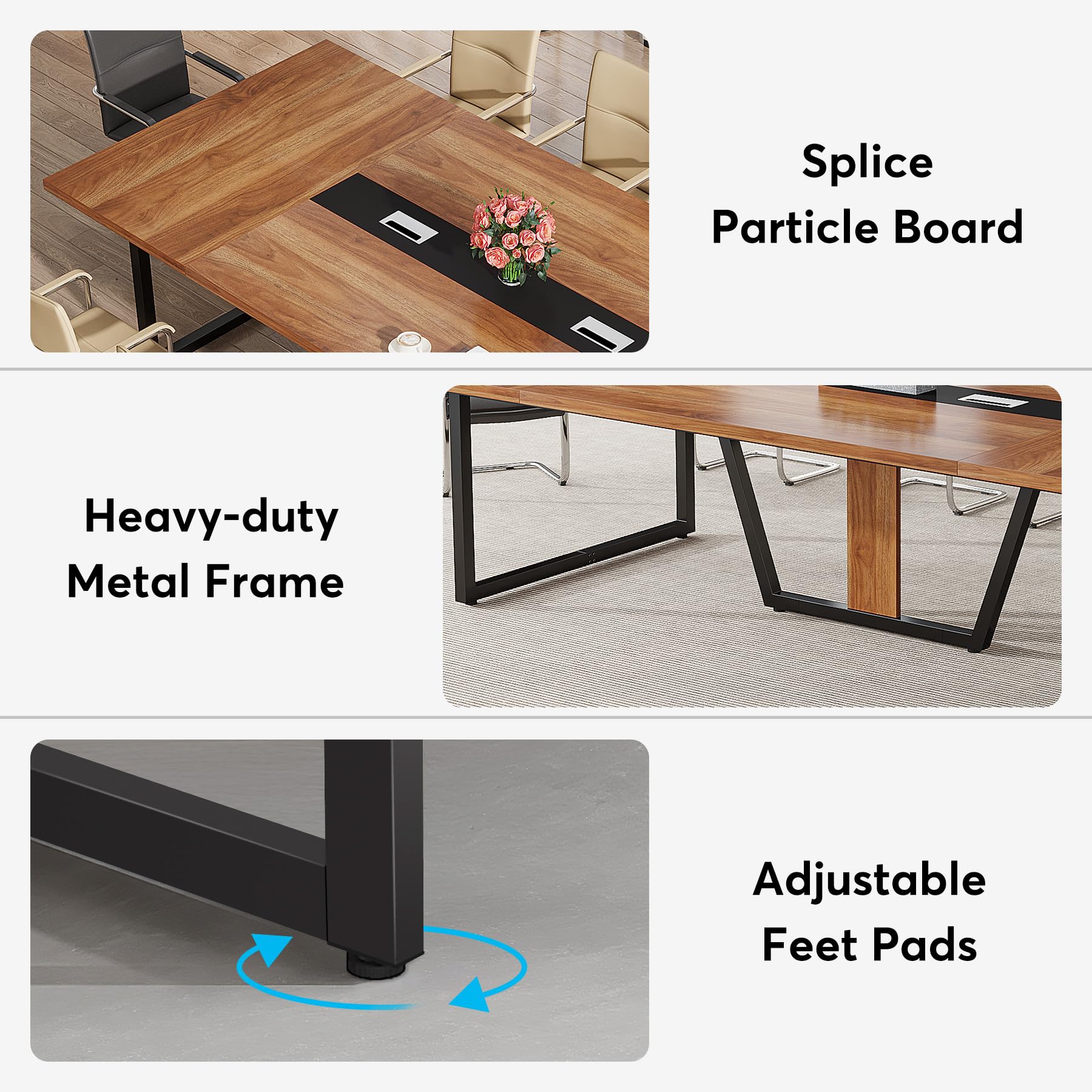 8FT Conference Table Set of 2, Large Meeting Podcast Table for 10 People, Business Style Wooden Training Table with Strong Metal Frame for Office Conference