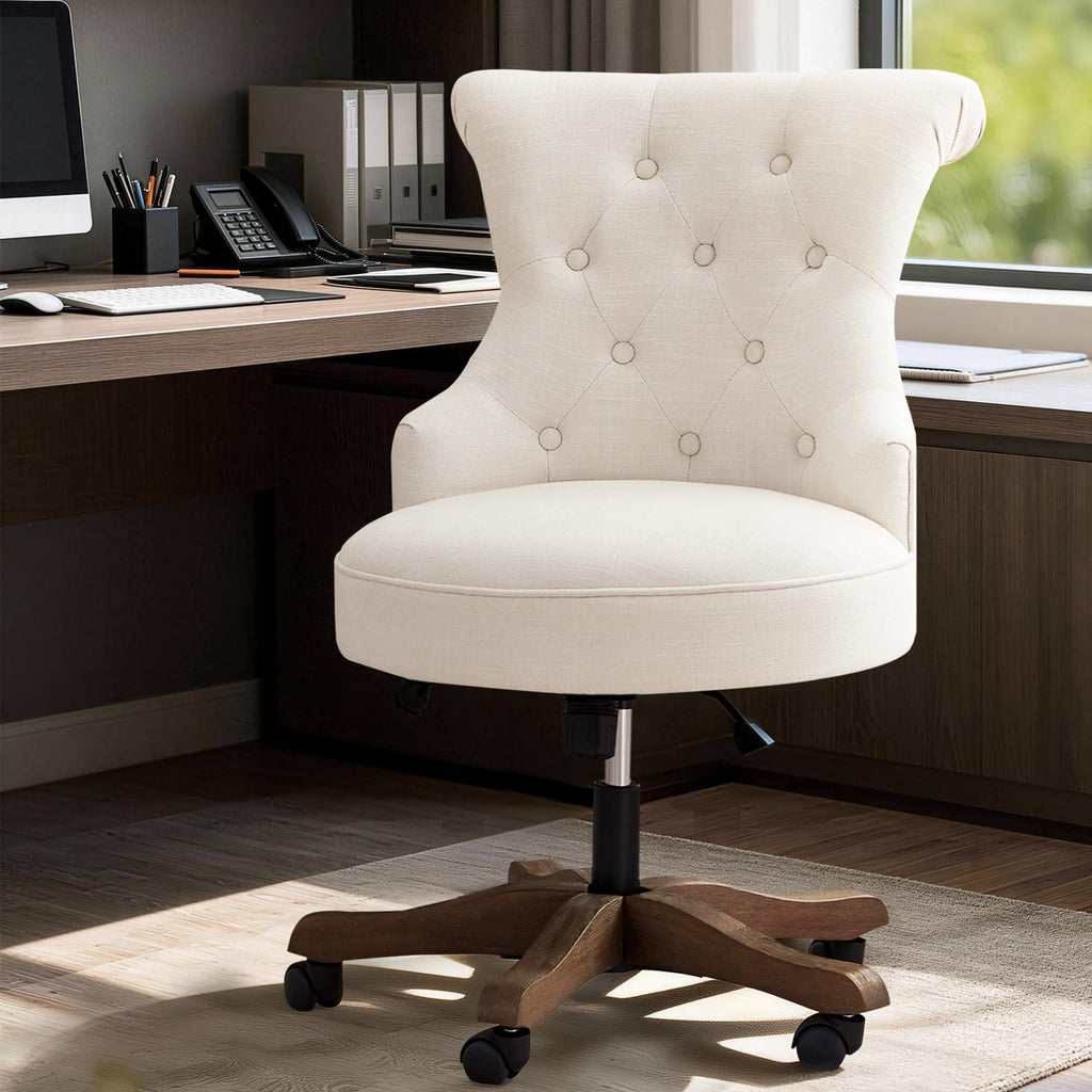 Home Office Chair Upholstered Armless Desk Chairs with Wheels Adjustable Height Computer Desk Chair with Wooden Legs Linen Comfortable Swivel for Home Office Study Studio (Beige)