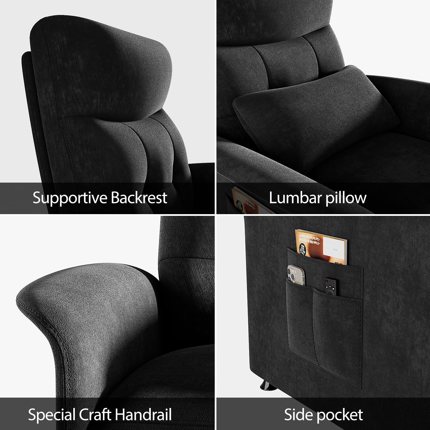 Power Recliner Chair for Adults with Heat & Massage - Soft Fabric Electric Reclining Sofa with Remote Control, 3 Side Pockets, 180° Lay Sleeper for Home Theater Living Room, Black