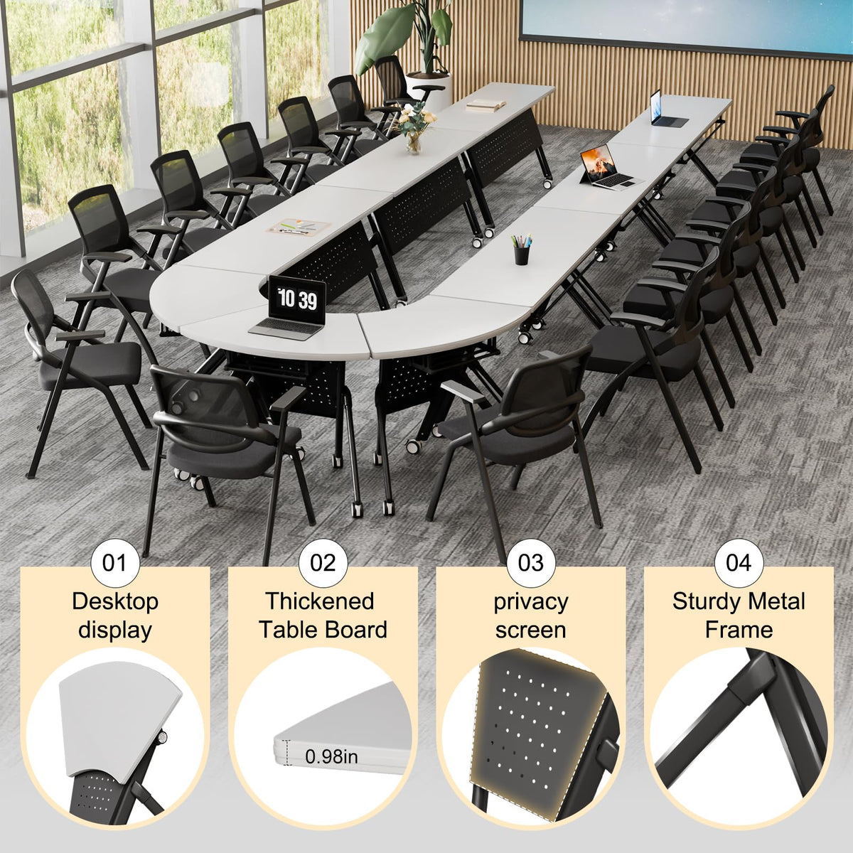 Conference Room Tables White,Folding Rectangular Flip Top Conference Table with Wheels for Large Meeting Seminar Home Office Classr (2, White&Black, 55.1in)