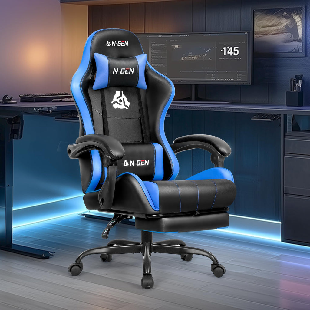 Gaming Chair with Footrest Lumbar Support for Home Office High Back Recliner Height Adjustable Ergonomic Comfy Leather Computer Desk Chair (Blue)
