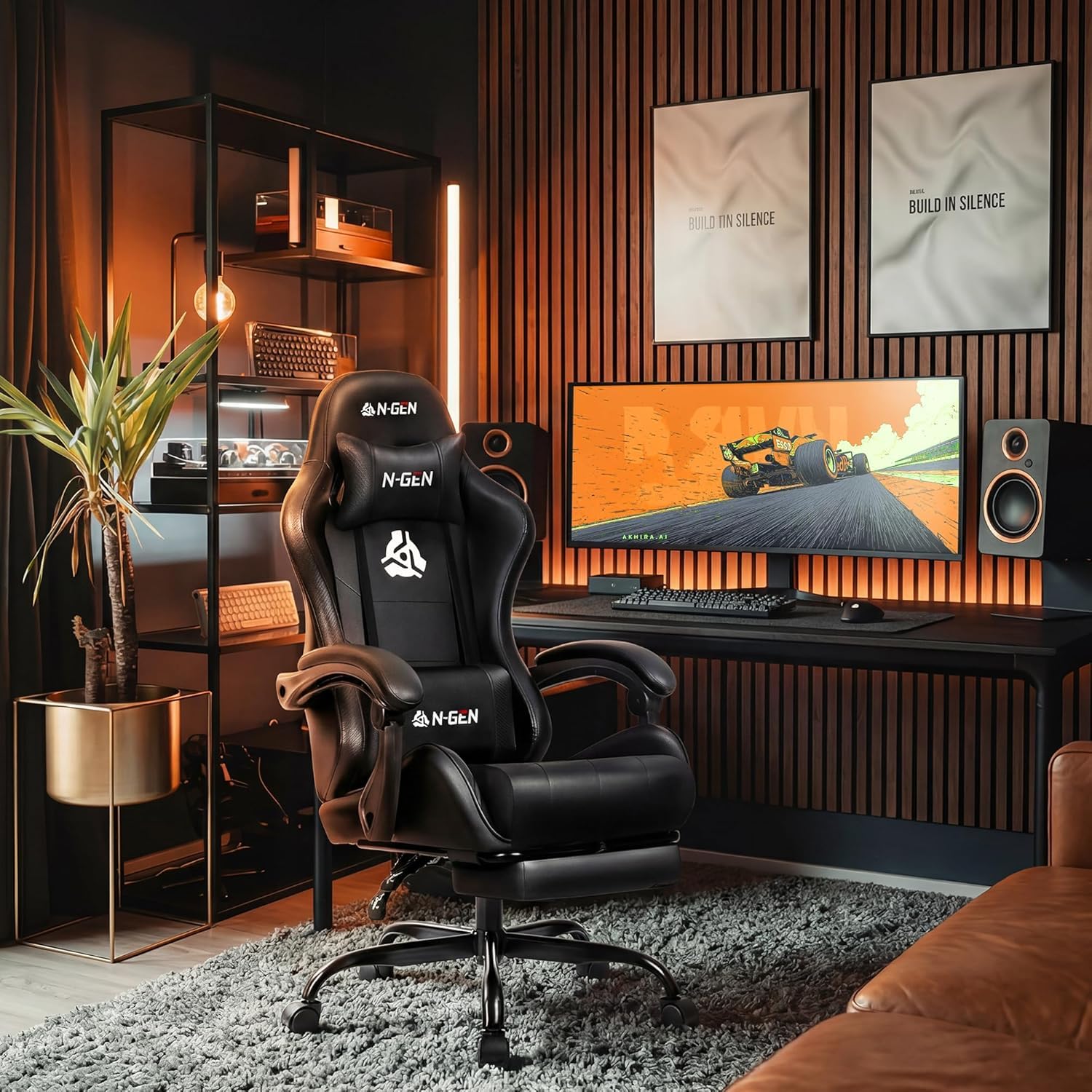 Gaming Chair with Footrest Lumbar Support for Home Office High Back Recliner Height Adjustable Ergonomic Comfy Leather Computer Desk Chair (Black)