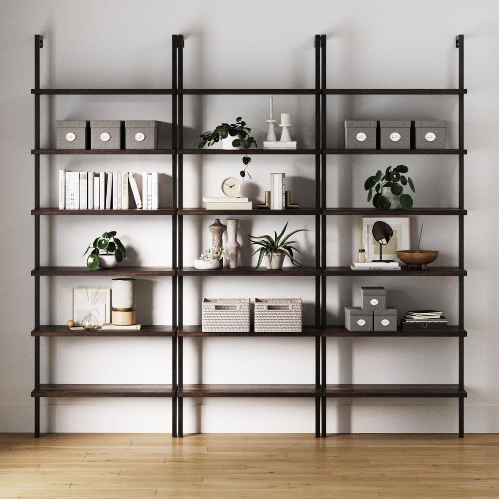 Set of 3, 6-Shelf Tall Bookcase, Wall Mount Bookshelf with Natural Wood Finish and Industrial Metal Frame, Nutmeg/Matte Black