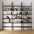 Set of 3, 6-Shelf Tall Bookcase, Wall Mount Bookshelf with Natural Wood Finish and Industrial Metal Frame, Nutmeg/Matte Black