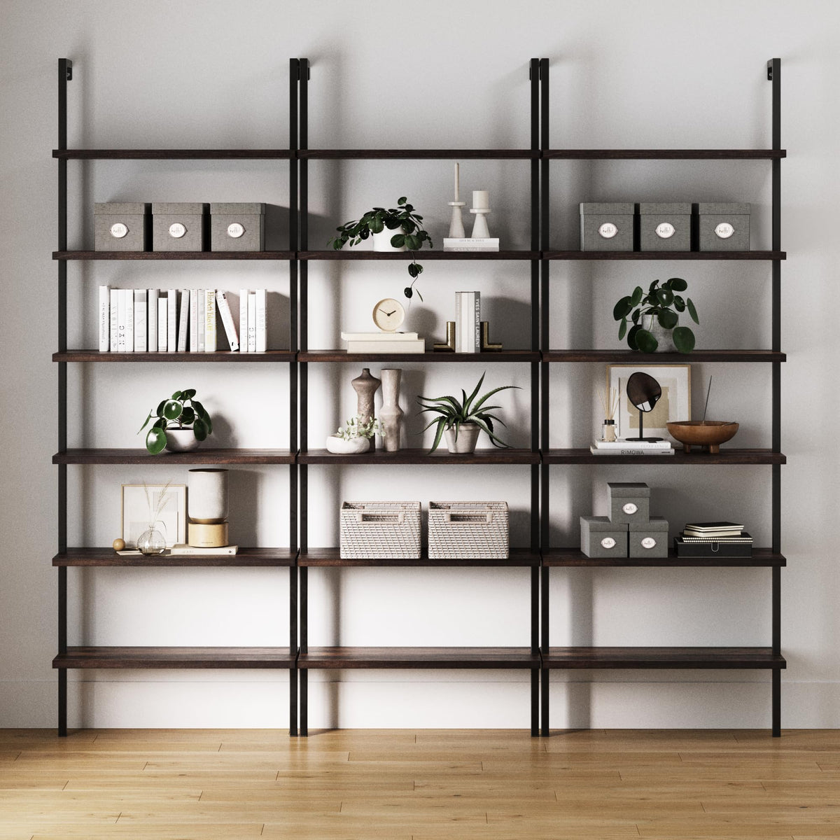 Set of 3, 6-Shelf Tall Bookcase, Wall Mount Bookshelf with Natural Wood Finish and Industrial Metal Frame, Nutmeg/Matte Black
