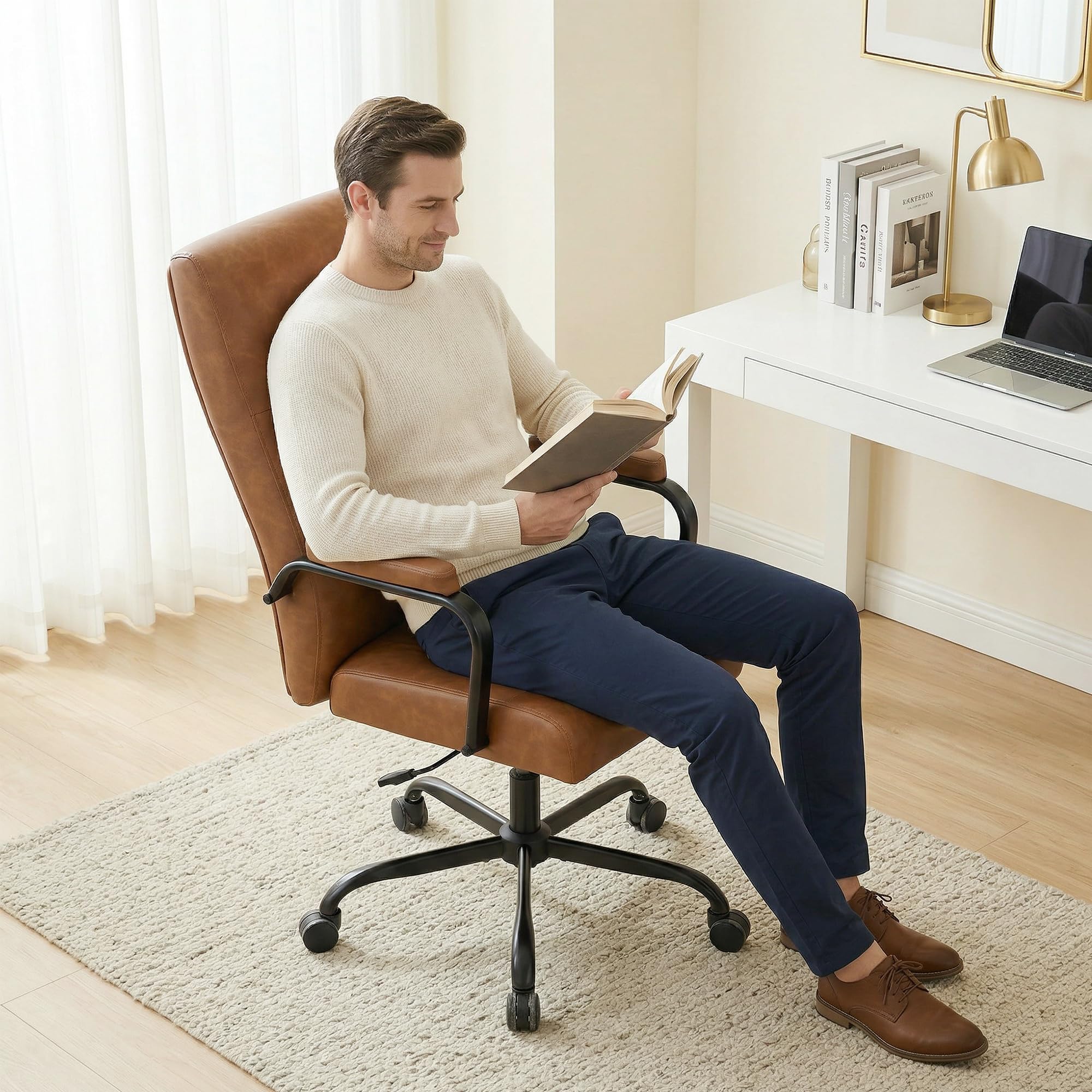 Office Desk Chair,Leather Conference Room Chairs with Wheels,Modern High Back Executive Office Chair with Memory Foam,Ergonomic Swivel Computer Chair for Home Office Brown