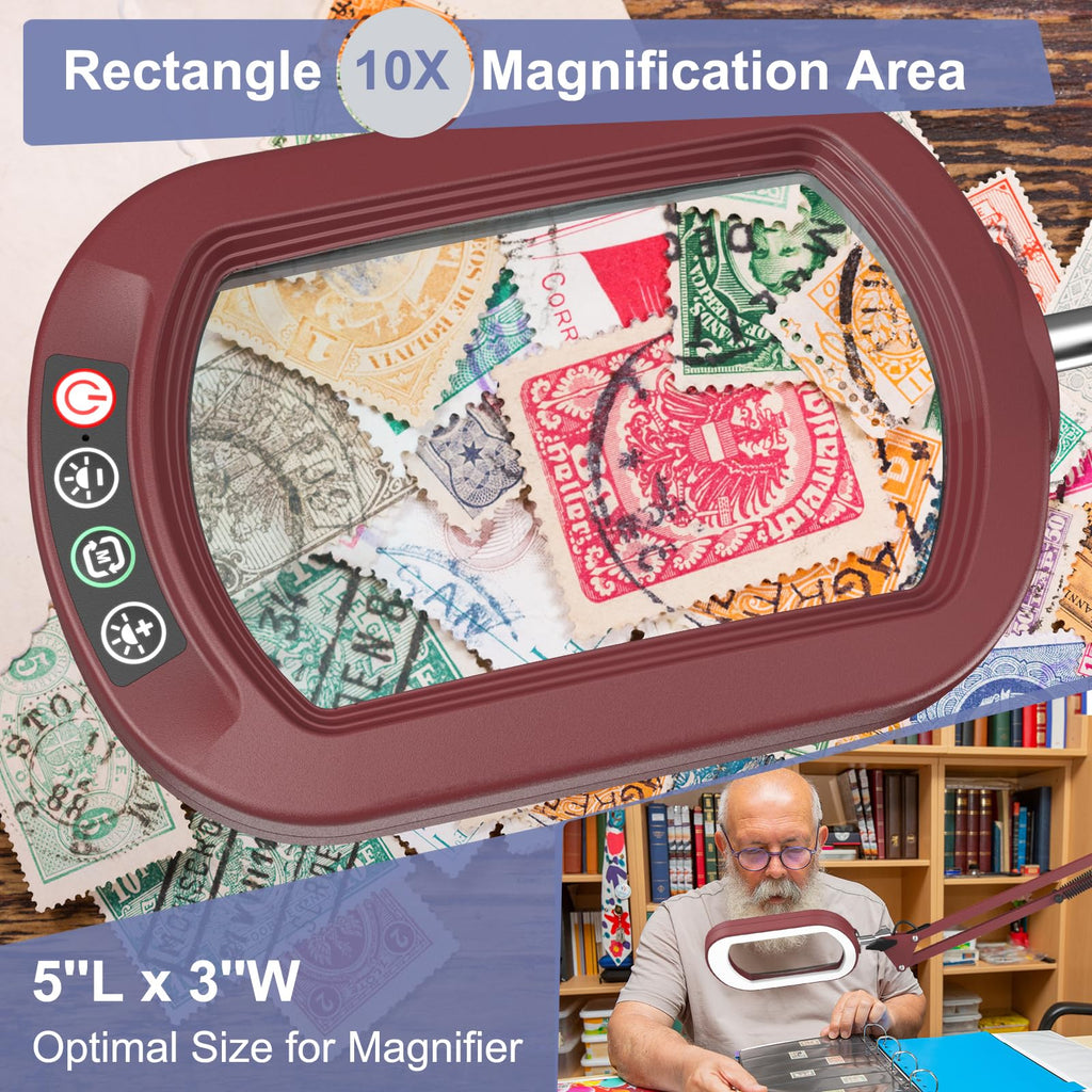 16" Extra Long Magnifying Glass with Light and Clamp, Real Glass, 5 Color Modes, Stepless Dimmable, Lighted Magnifier with Stand Hands Free, LED Swing Arm Desk Lamp for Close Work, Craft, Red