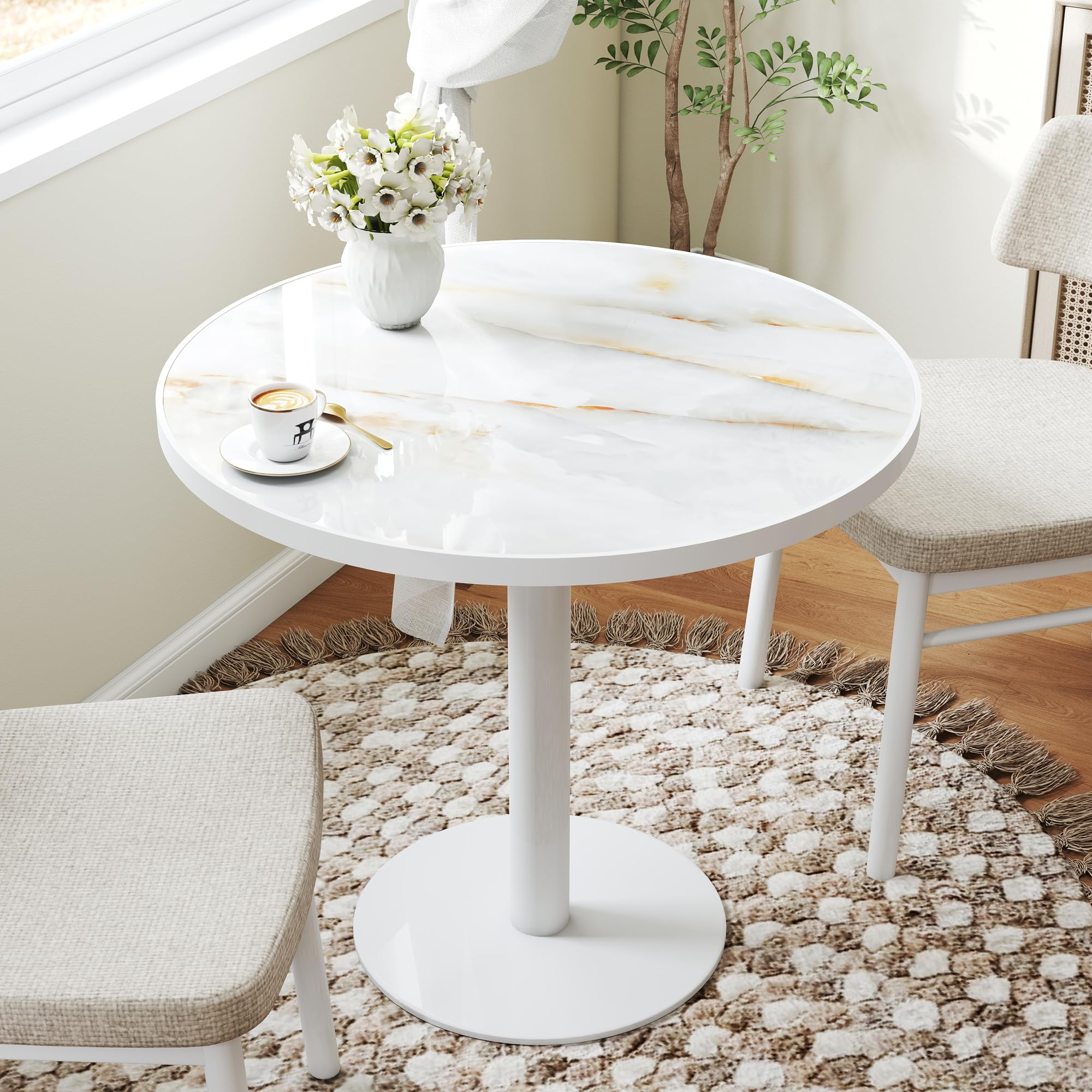 hausway 31.5" Tulip Table,Round Kitchen Dining Table for 2-4 with Thick Sintered Stone Top,Titanium Golden Pedestal Base,Heat-Resistant,Bistro Table for Dining Room,Café,Small Space（Silk Floating）
