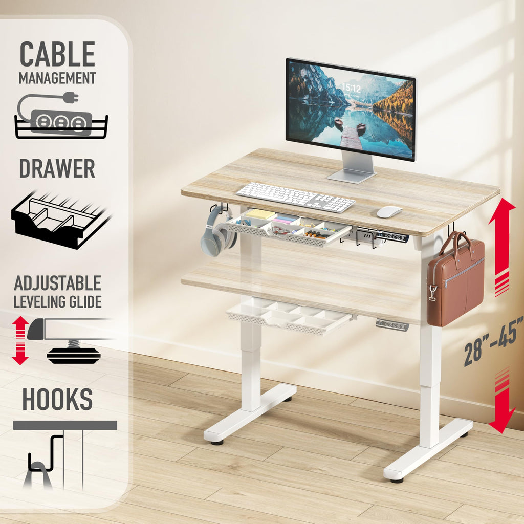 40-Inch Electric Height Adjustable Standing Desk with Drawer, Memory Preset and Cable Management Tray, Maple