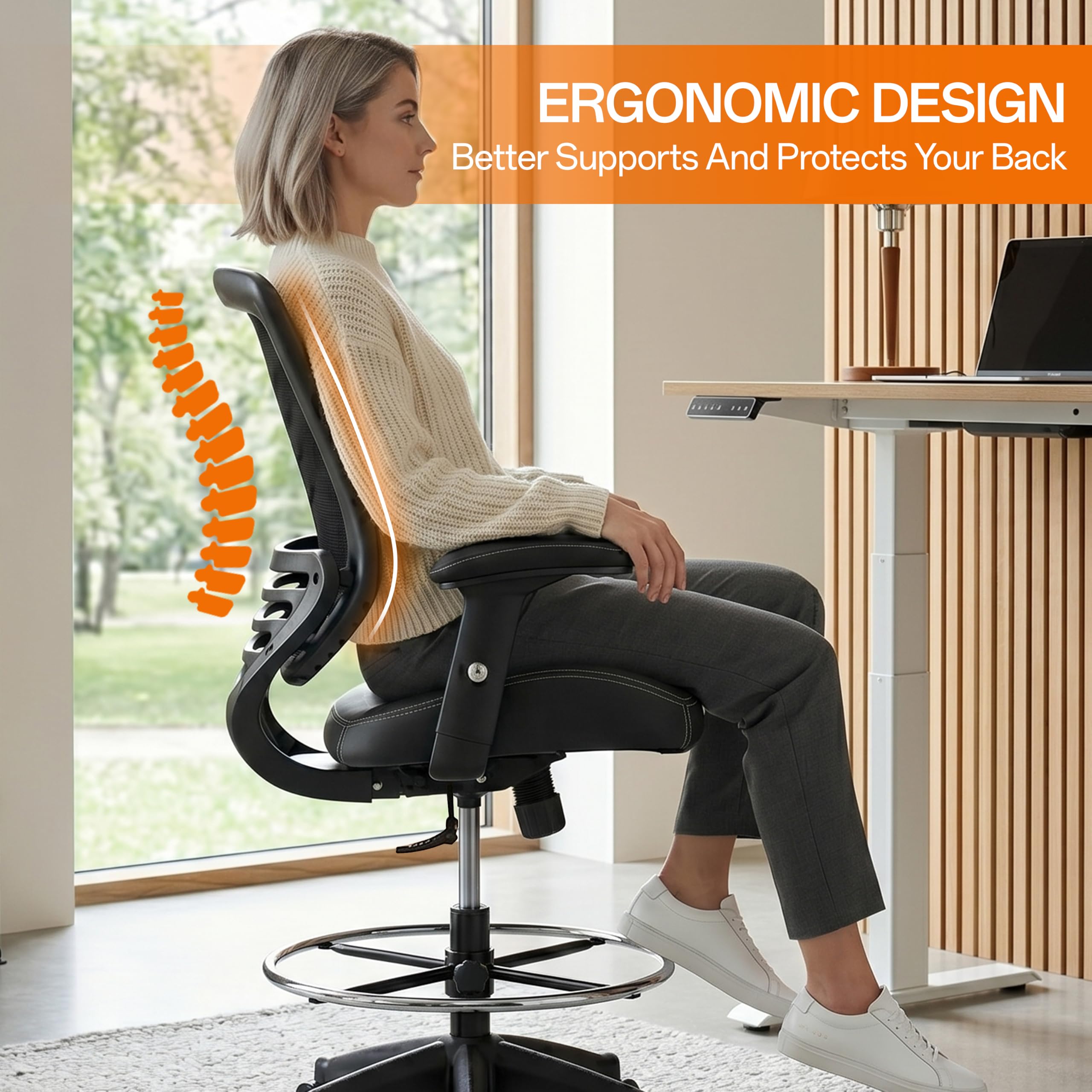 400lbs Mid Back Premium Leather Ergonomic Drafting Chair Office for Adjustable Desk Wide Chair Built-in Lumbar Support Adjustable Foot Ring Height Adjustable Armrest (Black Leather)