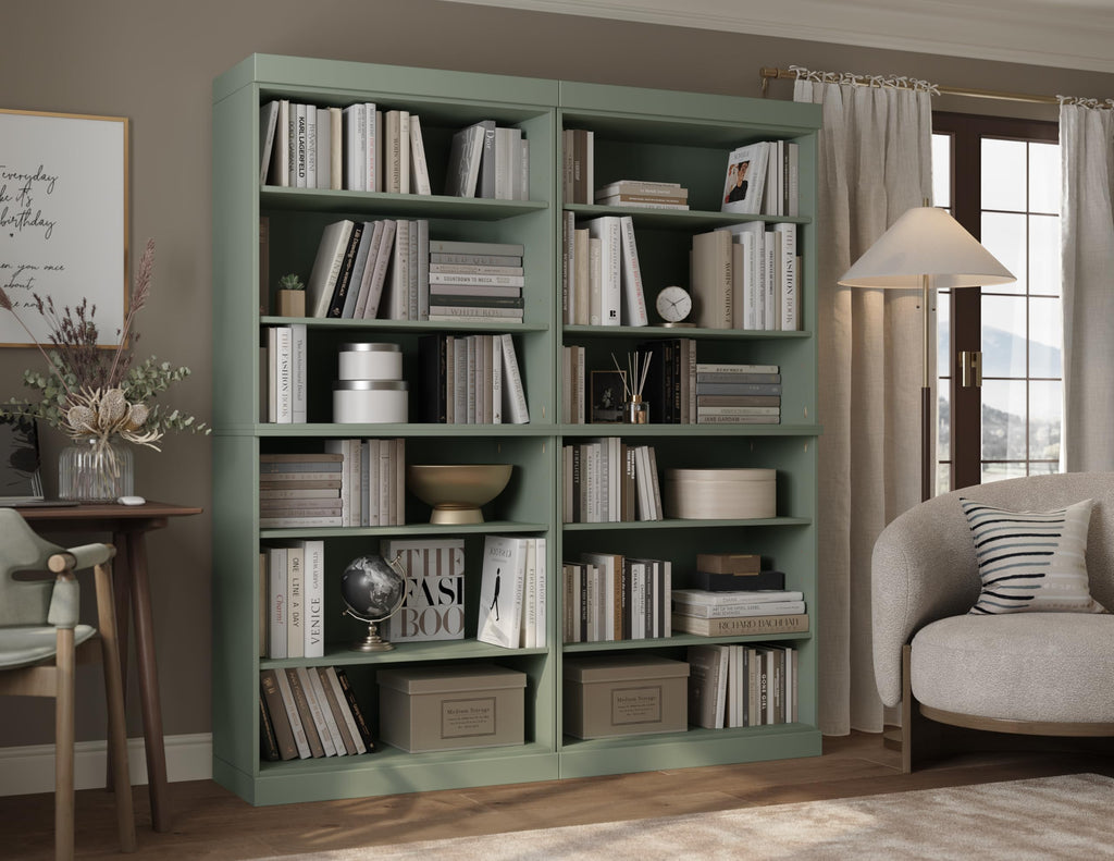 12-Shelf Bookcase, 100% Solid Brazilian Pine Wood, Sage Finish, 64" Wide, 71.5" Tall, Modular Stackable, Adjustable Shelves
