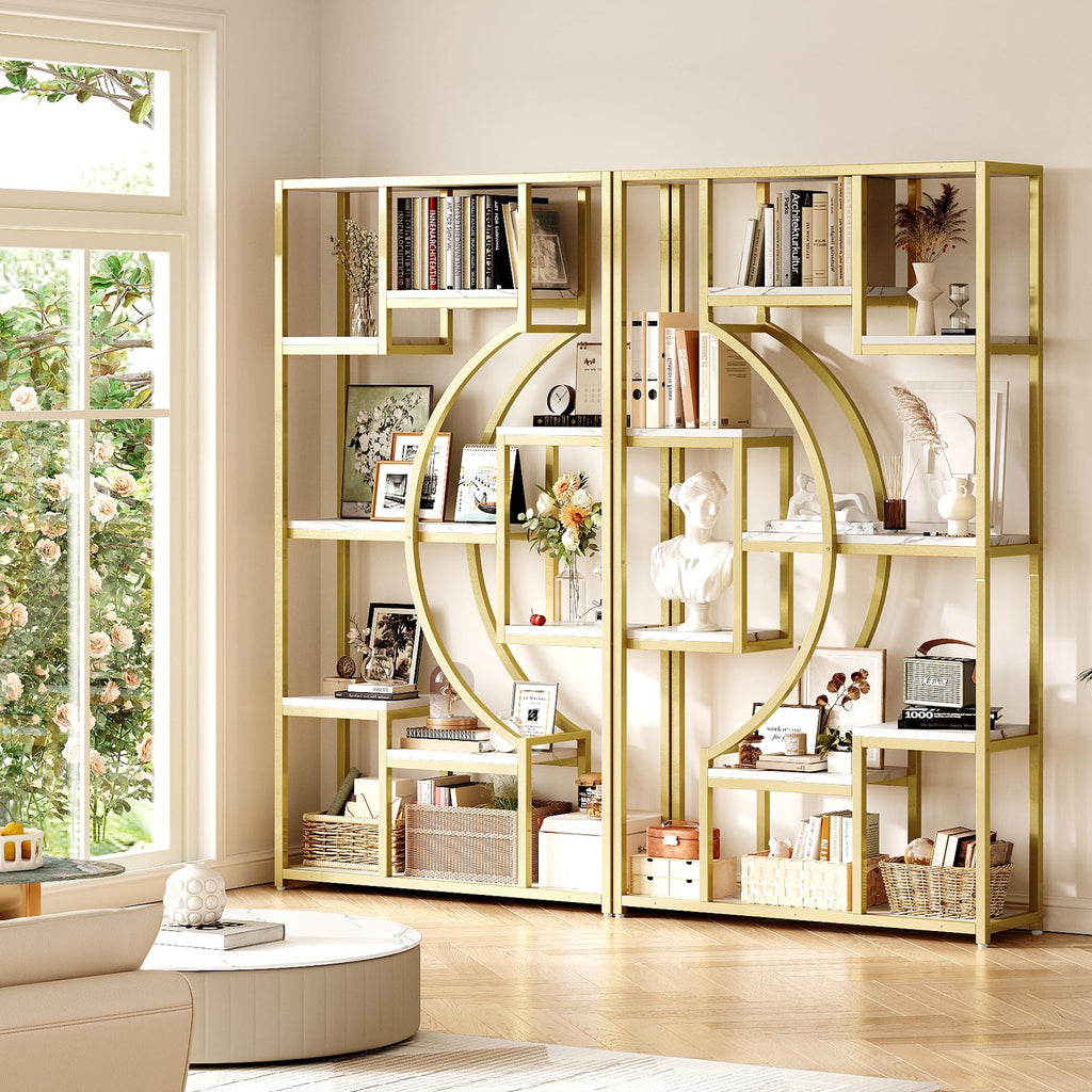 79" W Luxury Marble-Patterned White Gold Bookshelf, Modern Geometric Half-Moon Style, Flexible Modular Open Storage Unit for Living Room, Home, Office