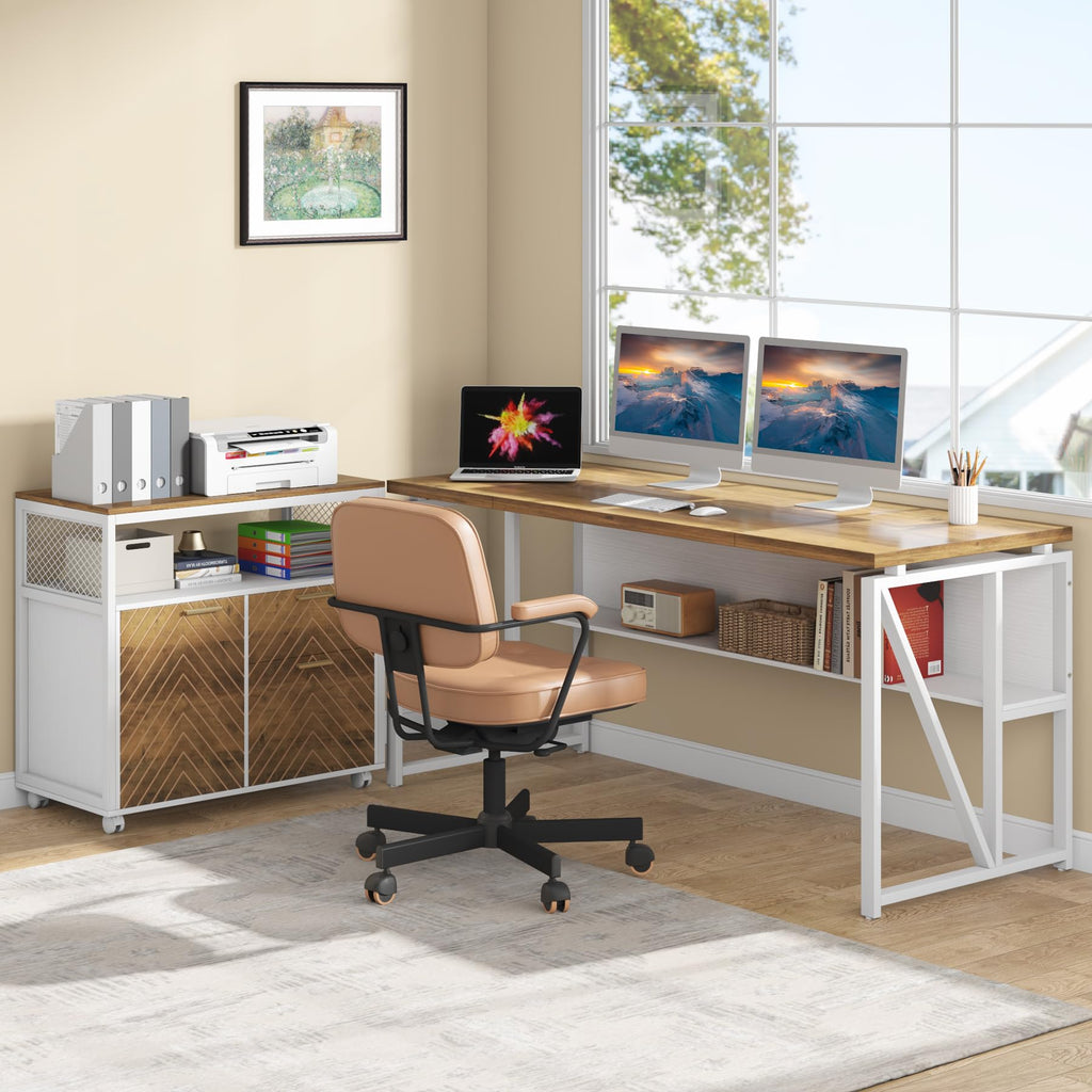 63" Executive Computer Desk and lateral File Cabinet, 2 Piece Home Office Furniture for Hanging File, Cabinet with Doors