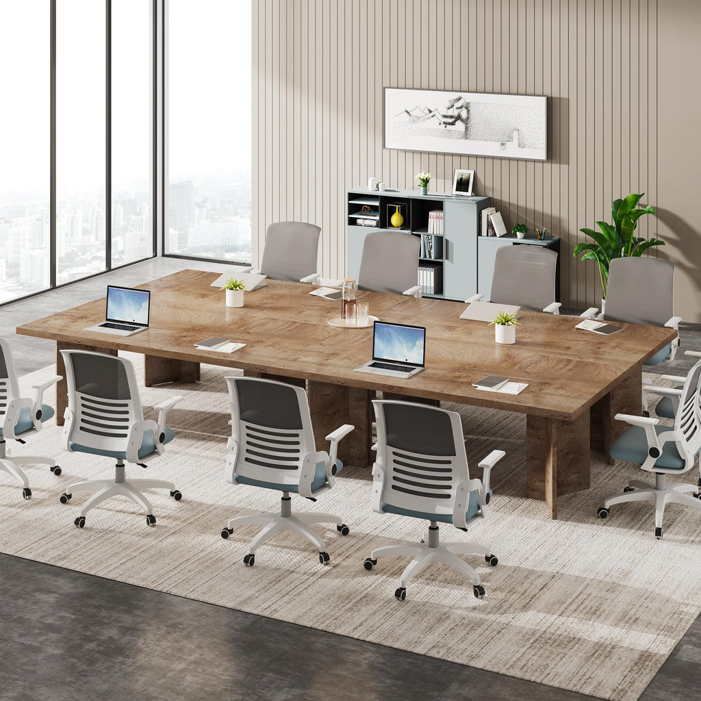 10.5FT Conference Table, Large Rectangle Meeting Seminar Table for 10-12 Person, Long Wooden Business Tables (Set of 2, Light Oak Brown)