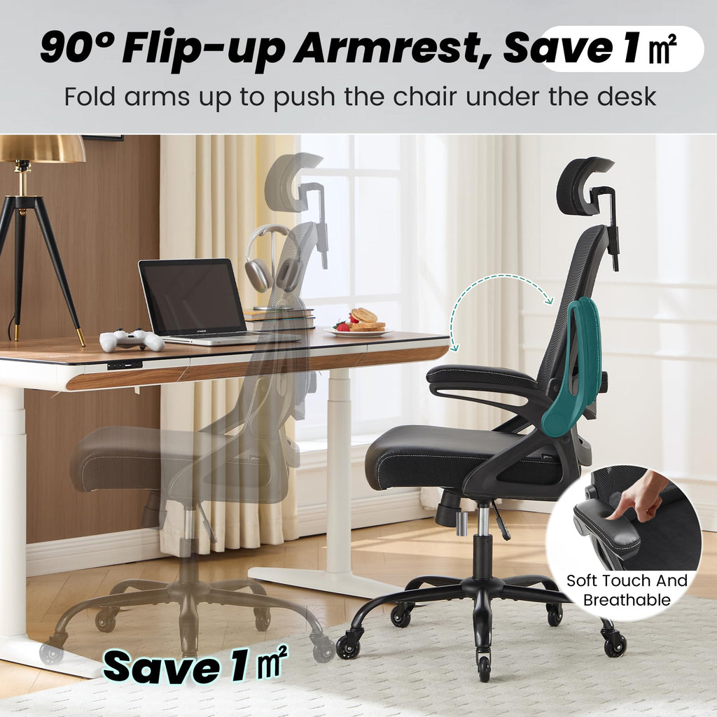 Office Chair, Ergonomic Office Chair with Adjustable Headrest Lumbar Support Computer Chair, Desk Chair Comfy with Flip-up Armrests, Gaming Chairs for Adults Home Office (Leather, Black)