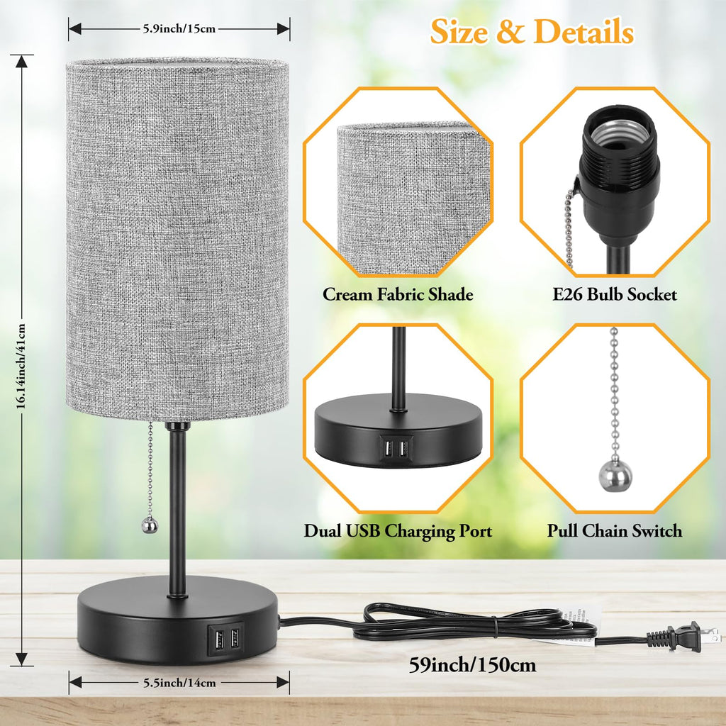 Modern Table Lamps Set of 2, Grey Fabric Shade and Black Metal Base for Living Room Bedroom Office Reading Dorm Hotel
