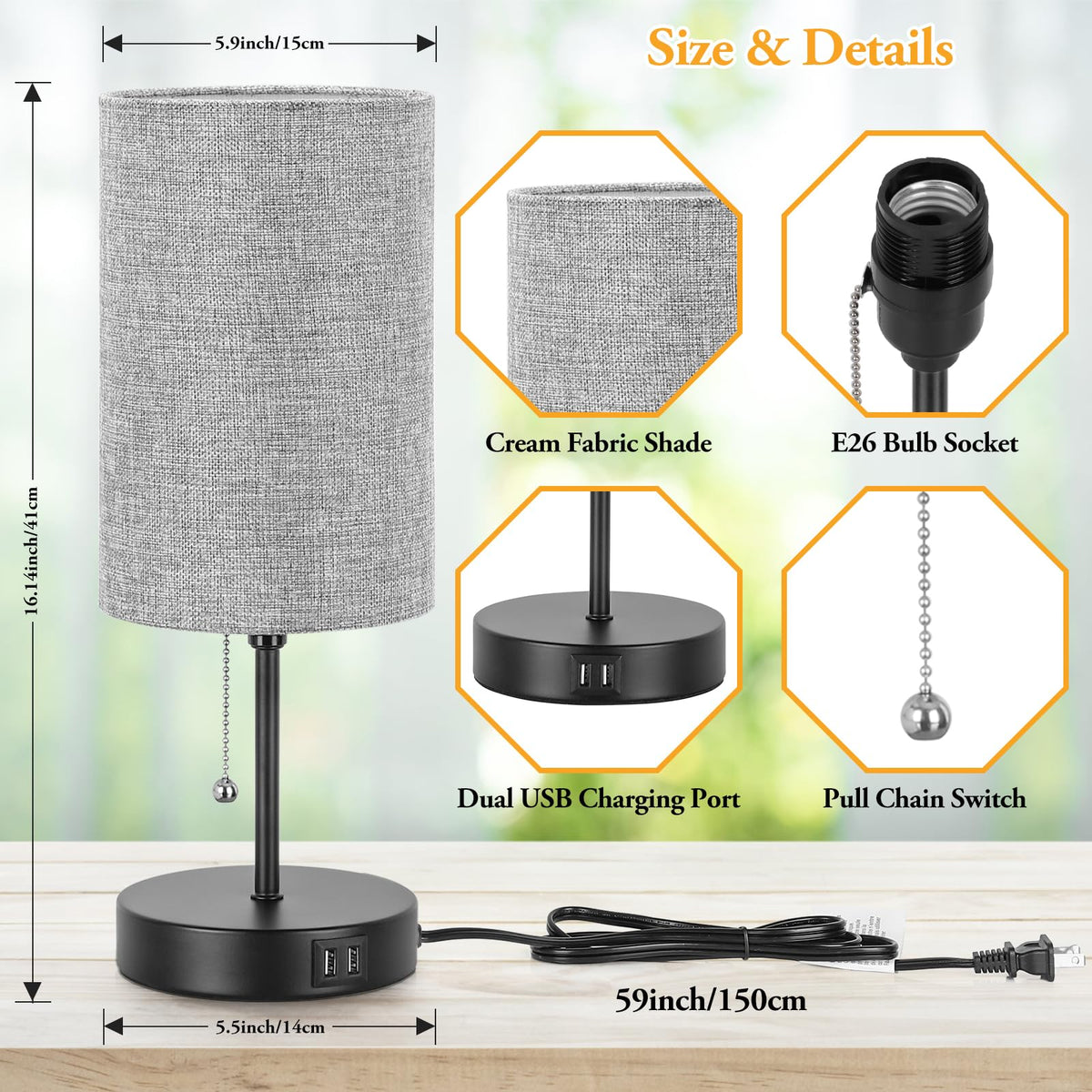 Modern Table Lamps Set of 2, Grey Fabric Shade and Black Metal Base for Living Room Bedroom Office Reading Dorm Hotel