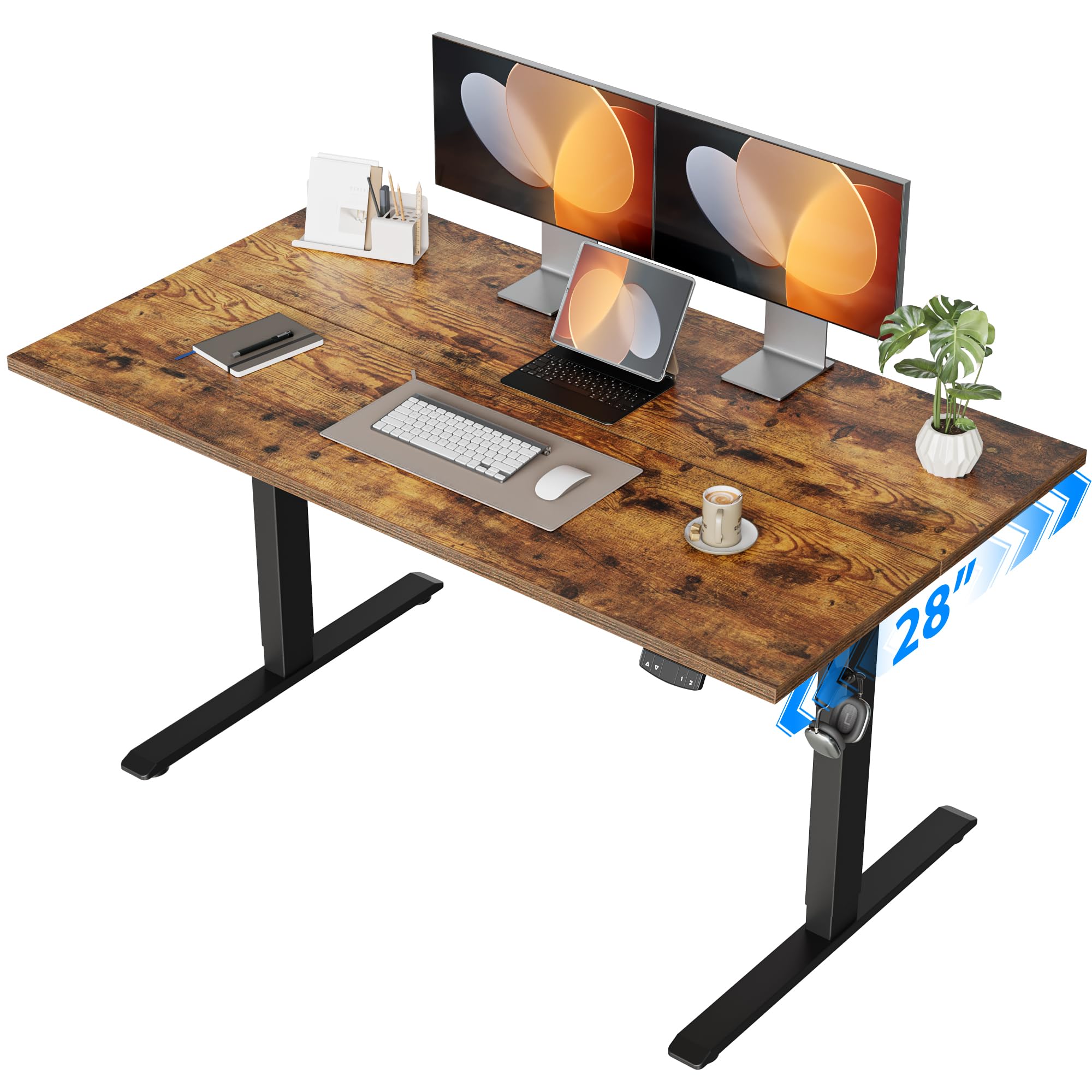 Electric Standing Desk, 48 x 28 Inches Height Adjustable Desk, Sit Stand up for Work Office Home, Ergonomic Rising Computer Table with Memory Preset, Rustic Brown