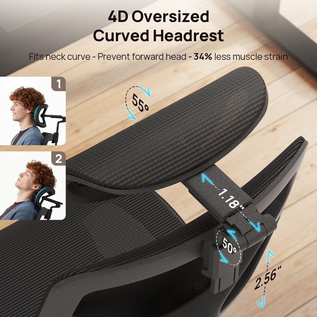 Ergonomic Office Chair with Adaptive Lumbar Support - Over 10 Hours Comfortable, Mesh Big and Tall Home Desk Chair with 4D Headrest, 630° Armrst, Seat Depth Adjustable
