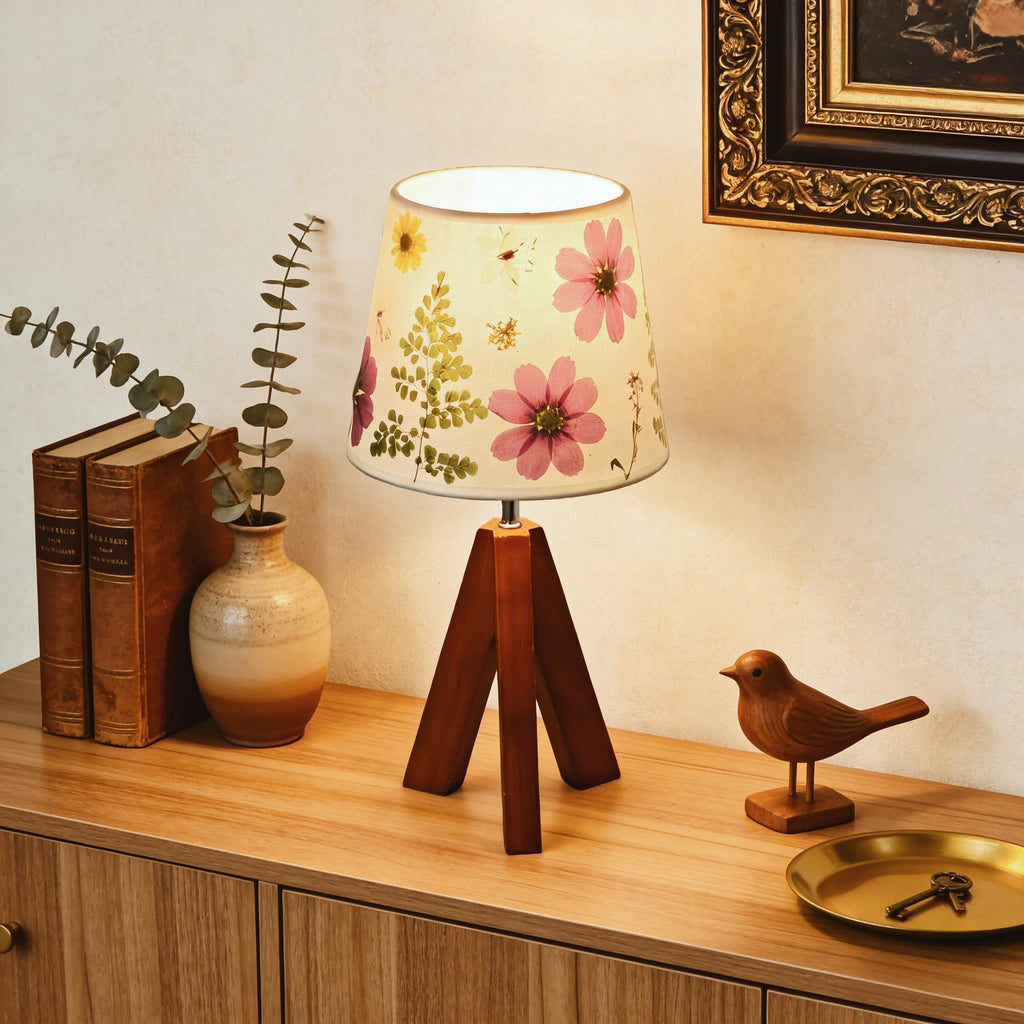 Dried Flowers Tripod Table Lamp 14.17in, 9W LED Dimmable Cute Bedside Lamp with Flowers Linen Lampshade for Nursery, Bedroom, Kid Room, Living Room, Light Brown Wooden Base