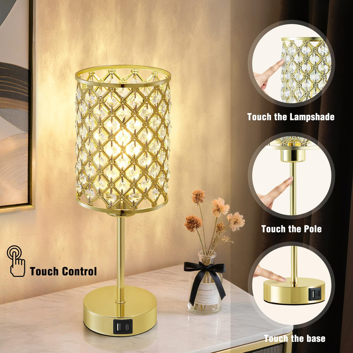 Gold Crystal Bedside Table Lamps Set of 2 with USB C+A Ports